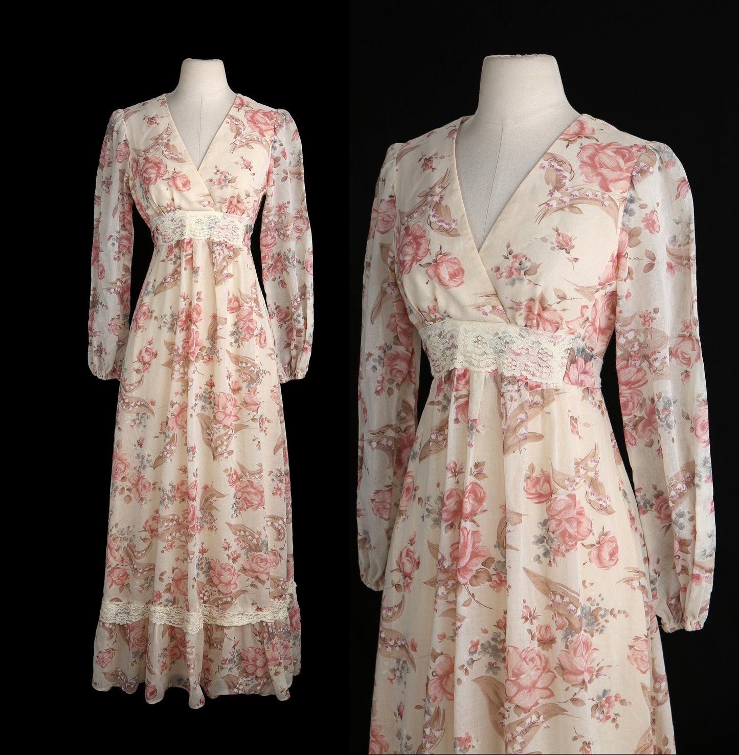 1970's Women's Floral Print Beige Long Prairie Summer Dress