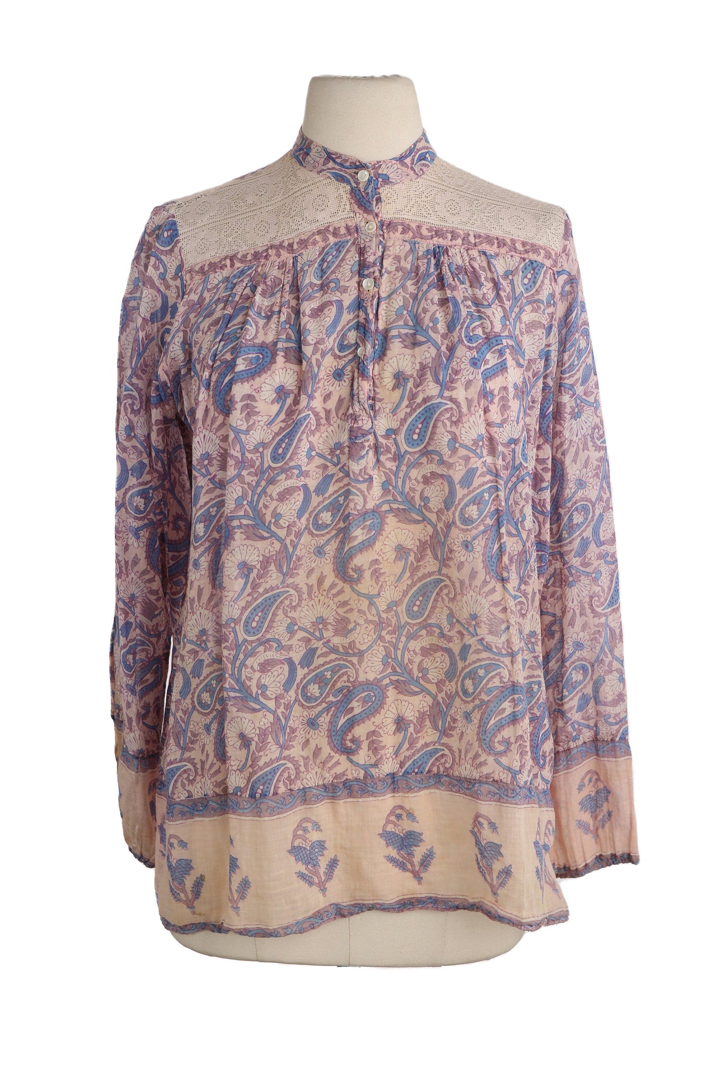Vintage Women's Boho Blouse / Floral Block Print Fabric / Made in India by Pinotnoir
