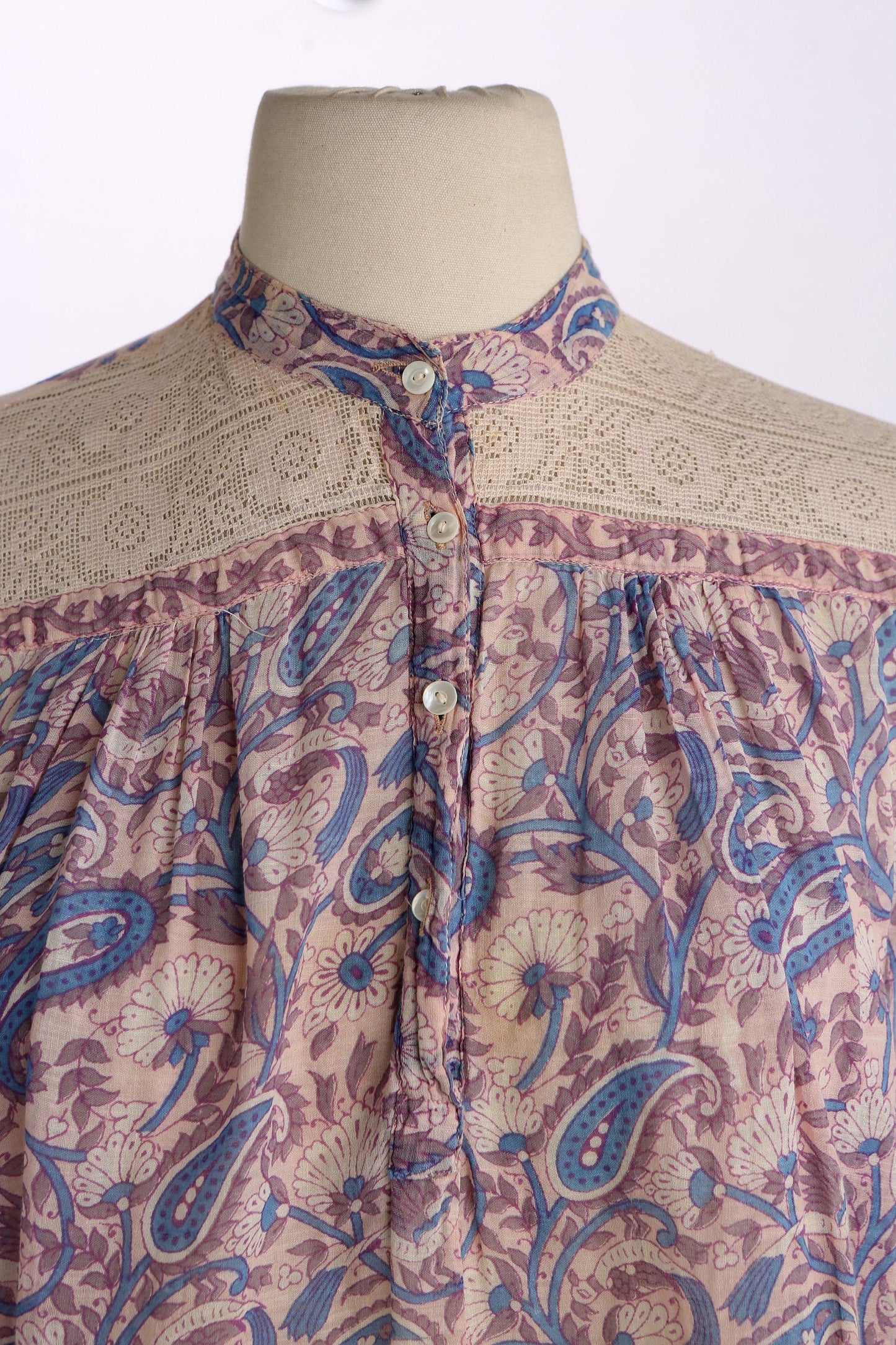 Vintage Women's Boho Blouse / Floral Block Print Fabric / Made in India by Pinotnoir
