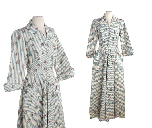 1940's White Floral Print Striped Long Dress
