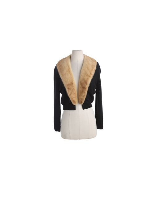 Vintage Women Black Cardigan Sweater with Beige Fur Collar