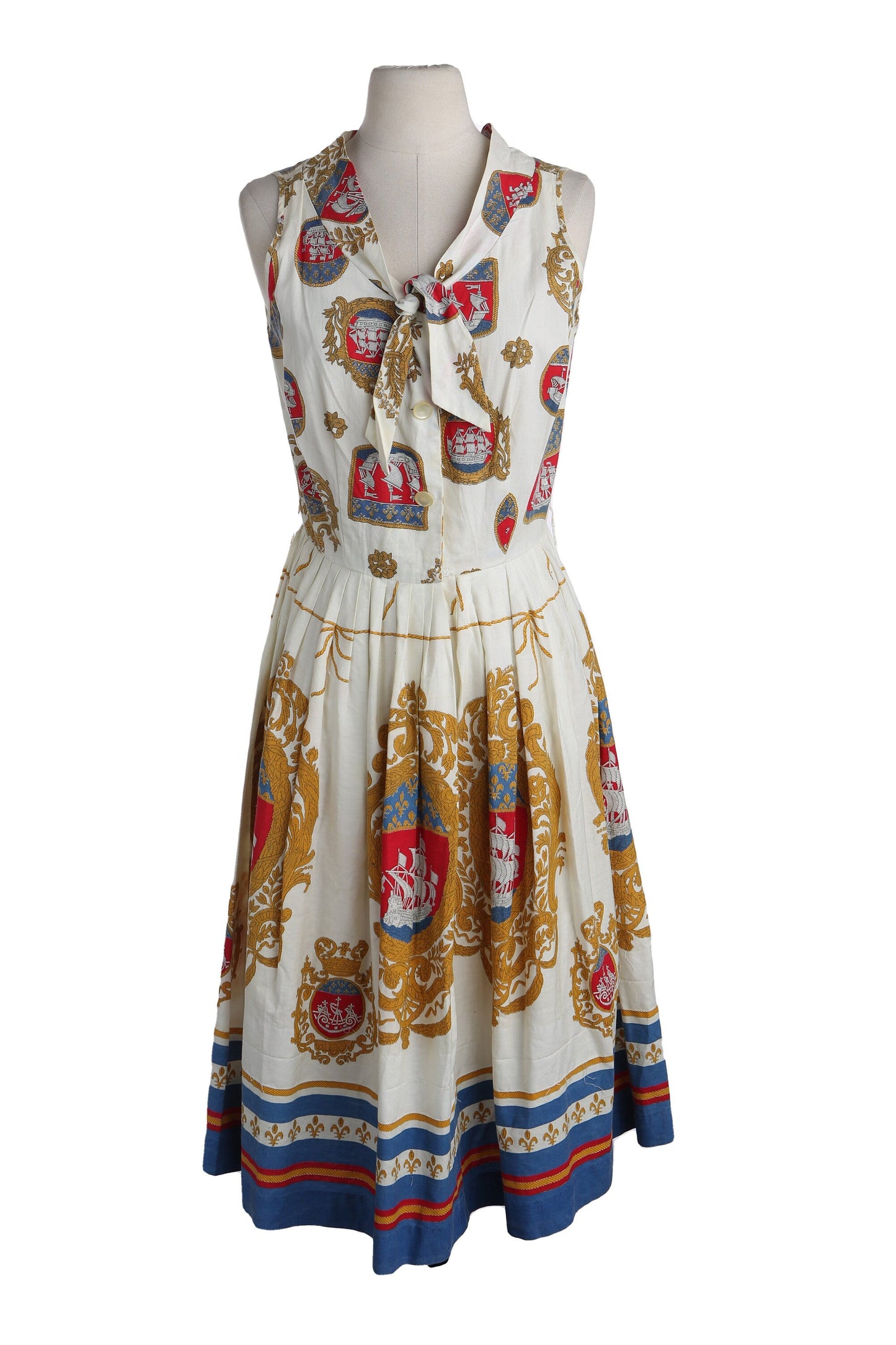 1960's Women White Casual / Summer Sleeveless Dress with Nautical Fabric Print