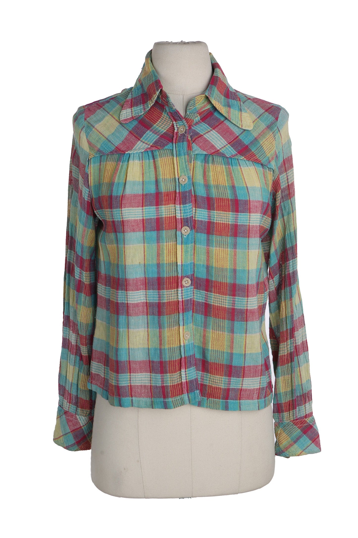 1970's Women Plaid Green Button Up Top