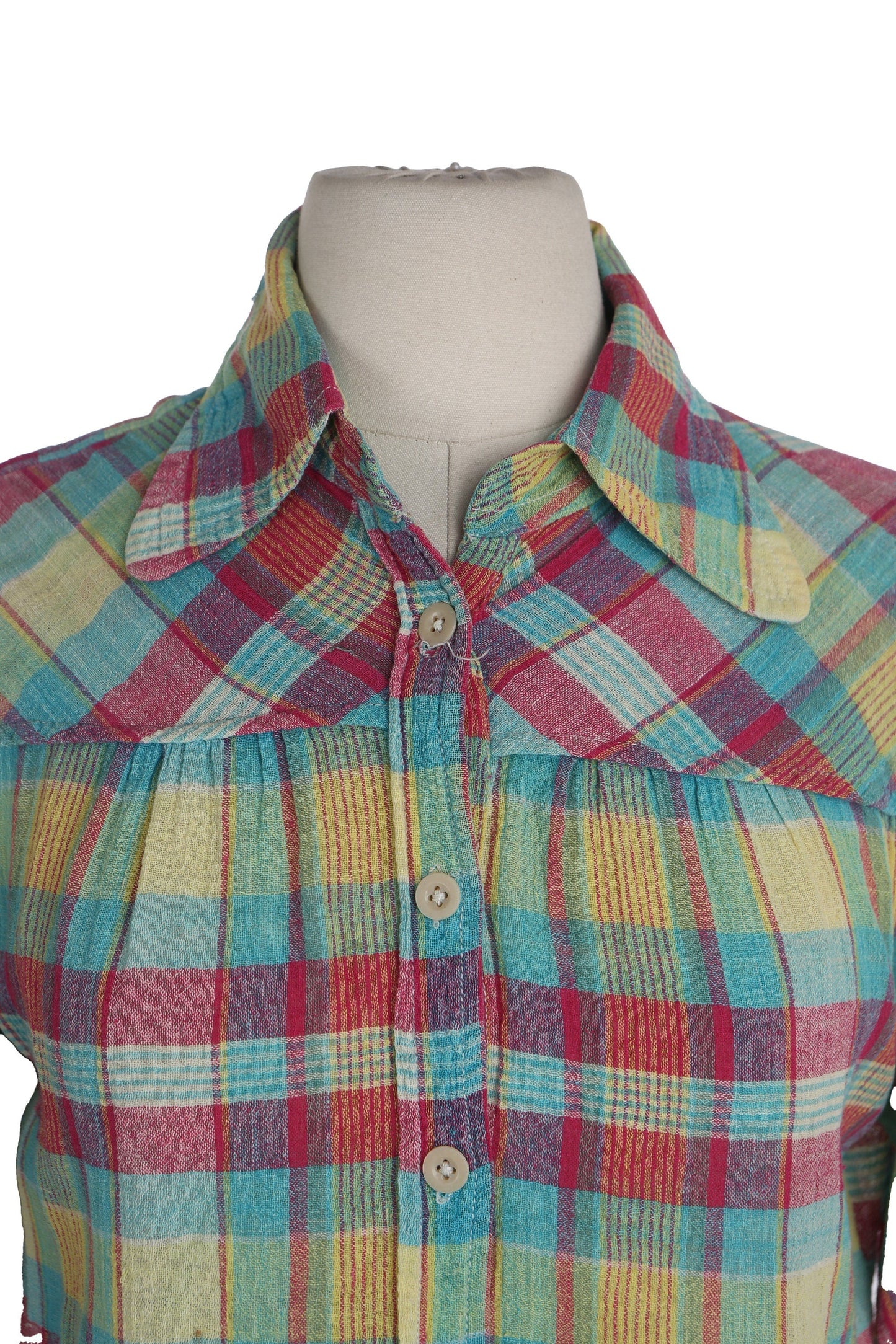 1970's Women Plaid Green Button Up Top