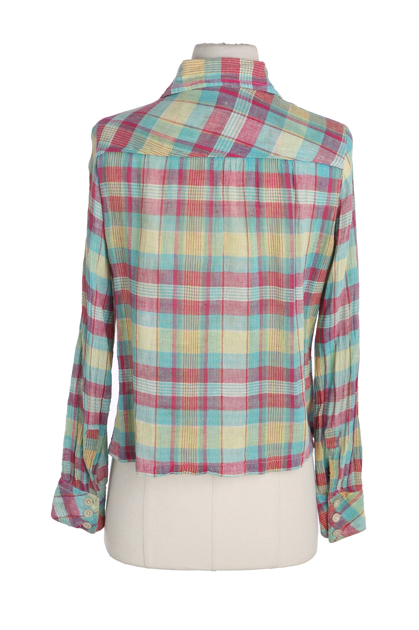 1970's Women Plaid Green Button Up Top