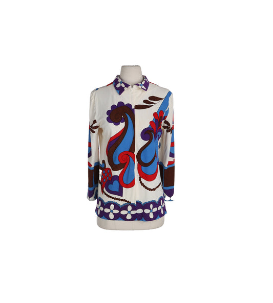 1970's Women White Floral Print Poly Top