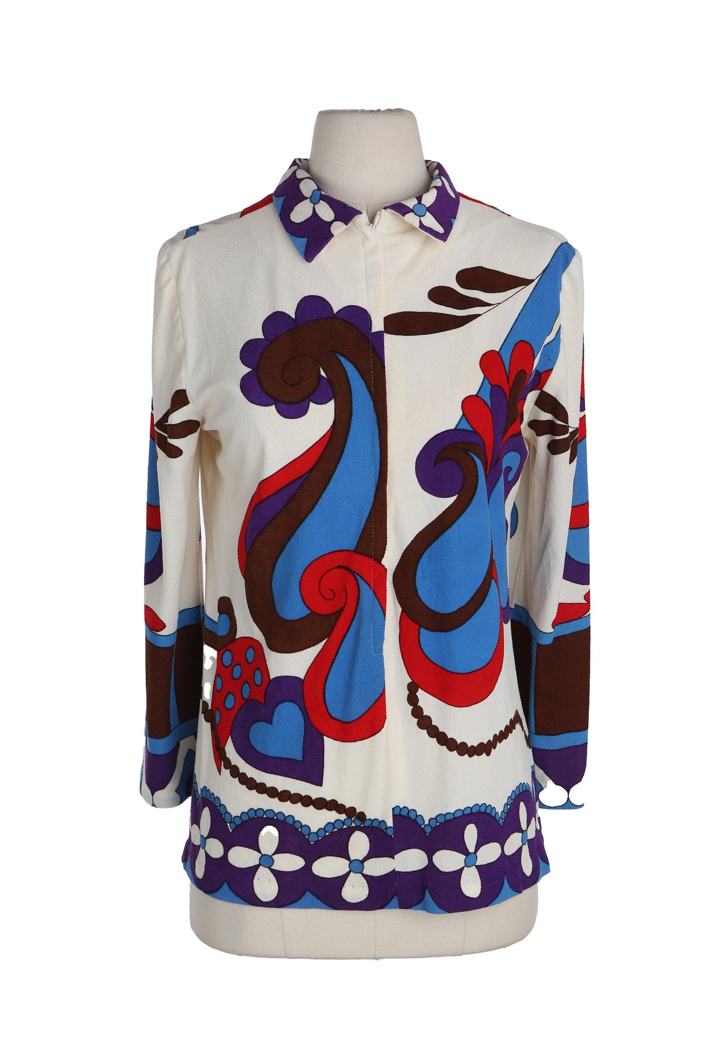 1970's Women White Floral Print Poly Top