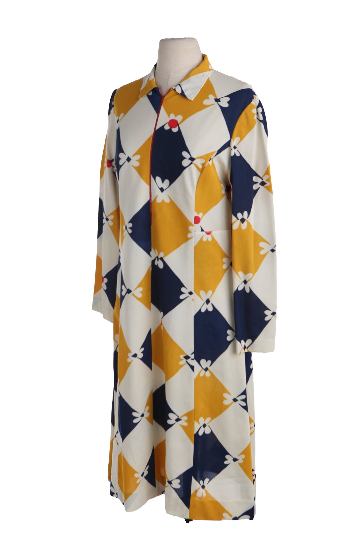 1970's Women Casual Dress with Floral and Geometric Pattern Print