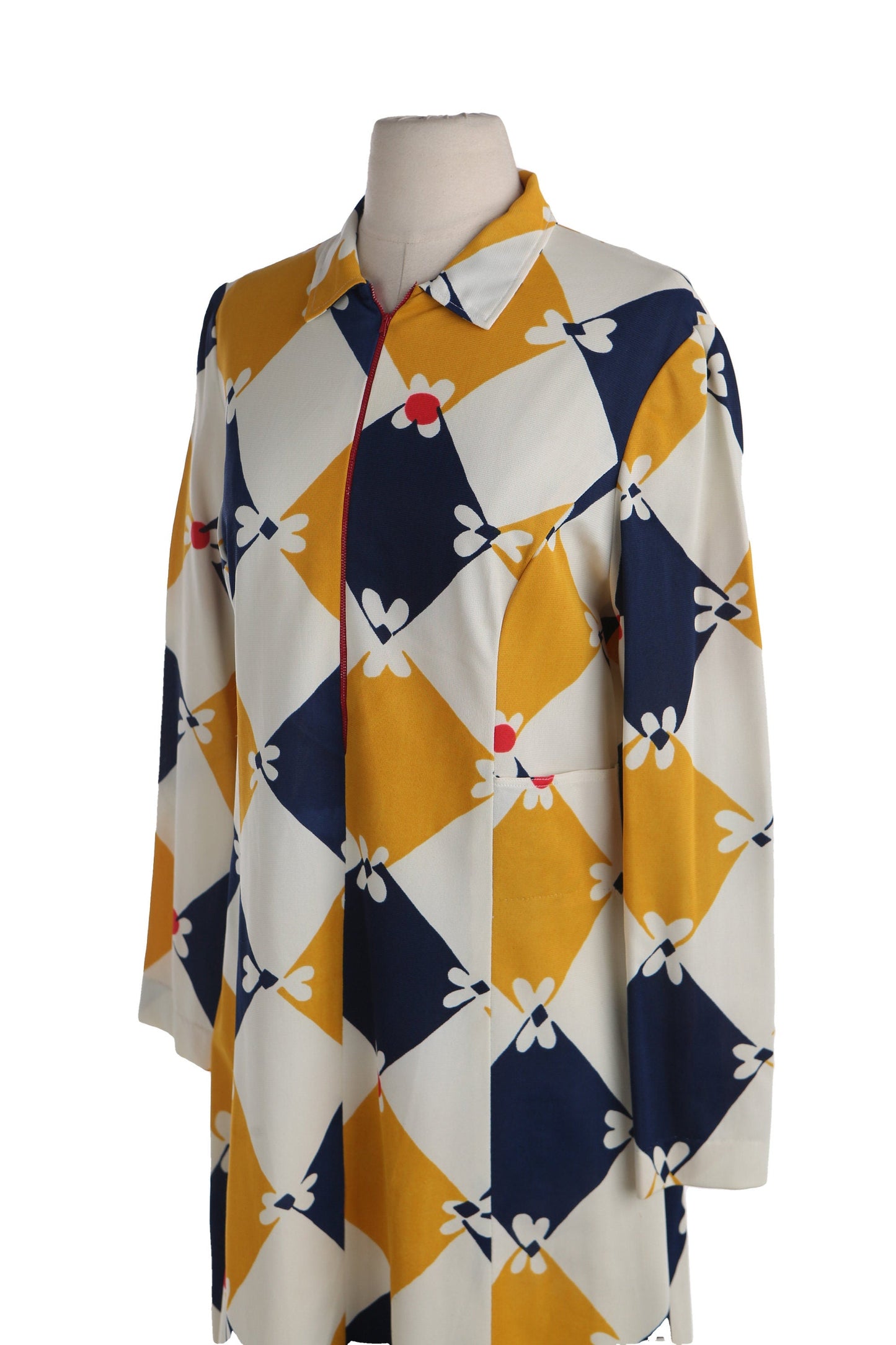 1970's Women Casual Dress with Floral and Geometric Pattern Print
