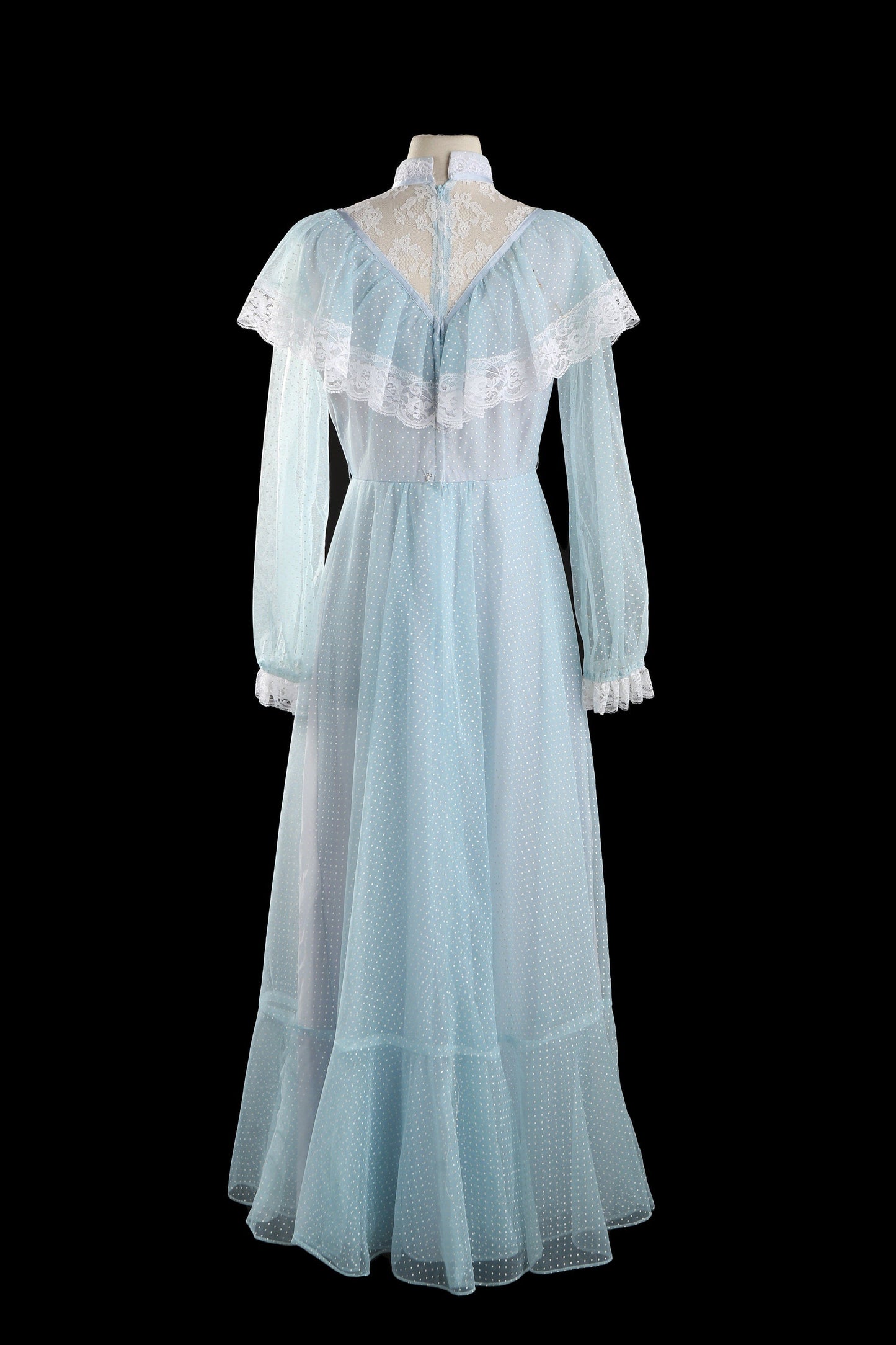 Vintage Women's White Polka Dot Blue Long Prairie Dress with Ruffled Lace Seam Chest Details