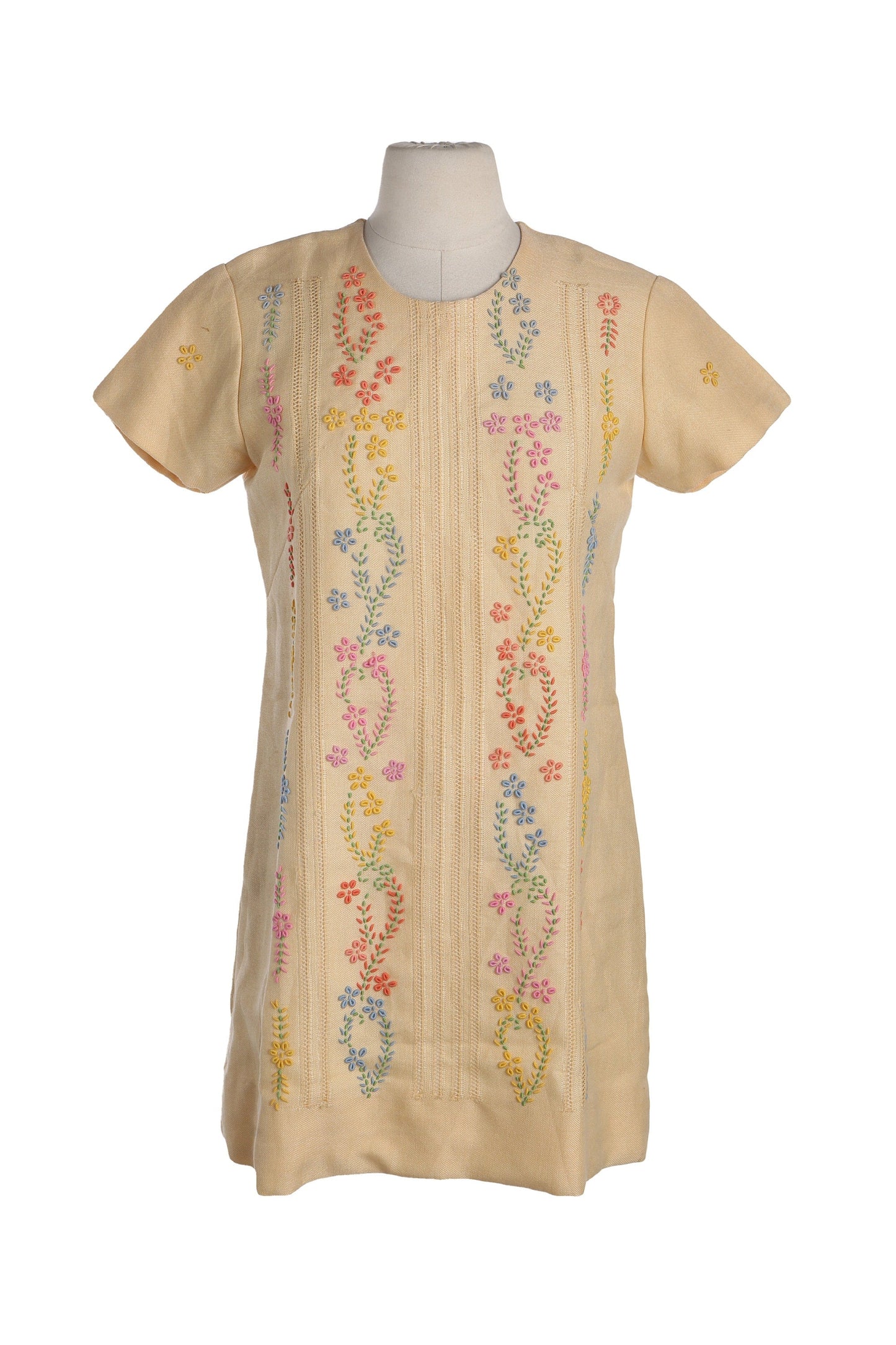 Vintage Women Floral Embroidery Yellow Mod Dress