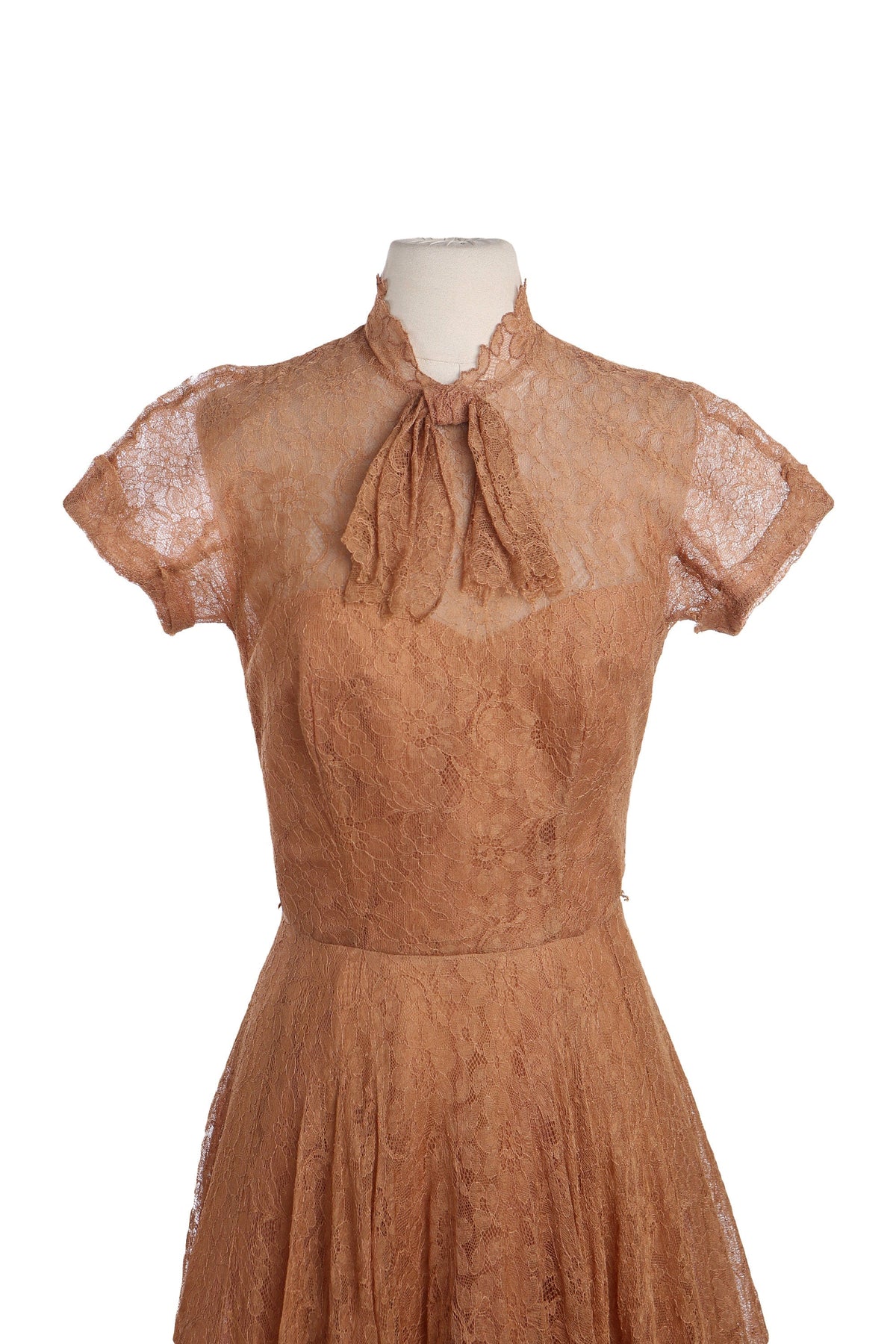 Vintage Brown Lace Dress - Floral Fabric Design - Era 1940's - 1950's