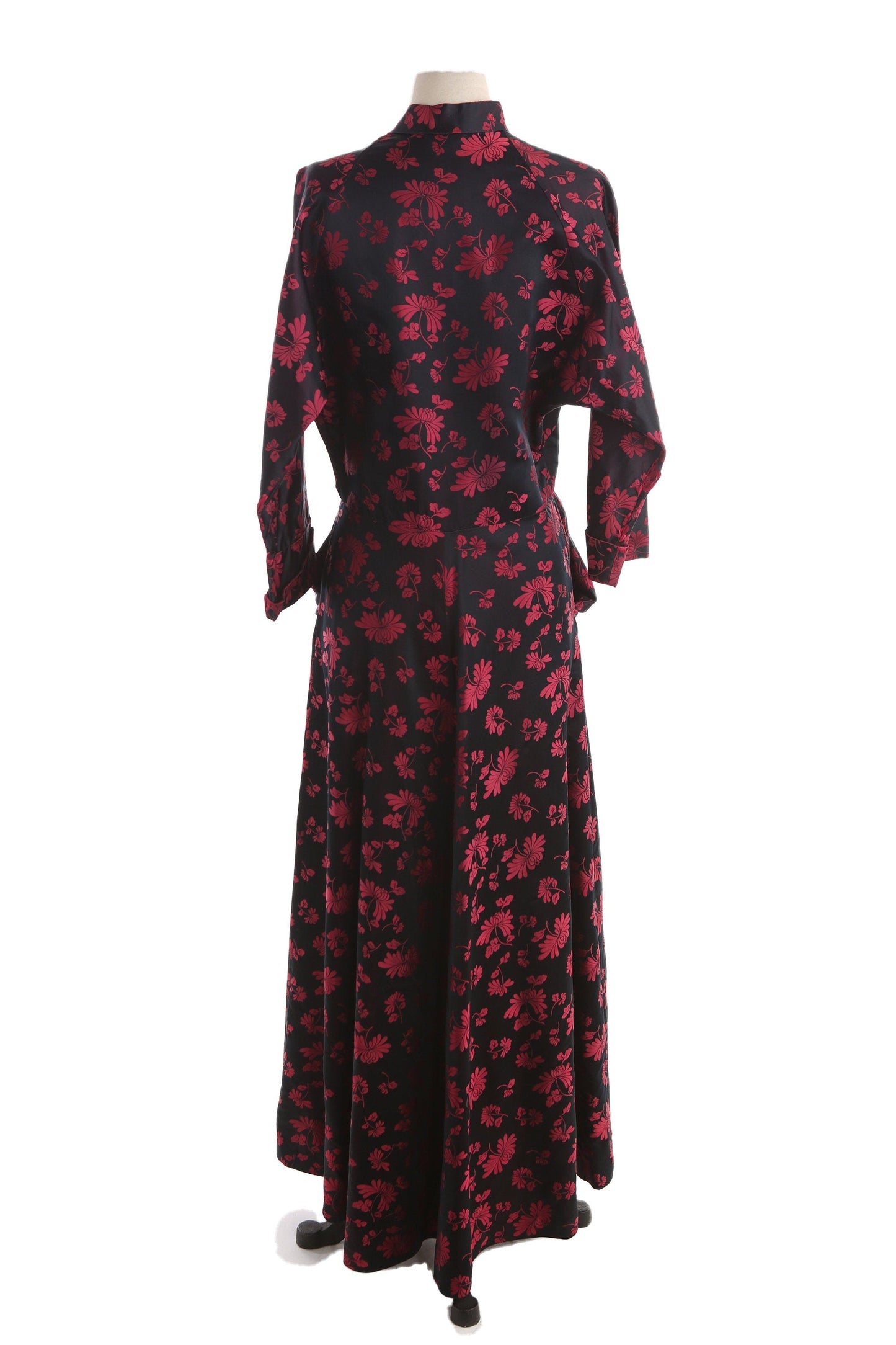 Vintage Black Cheongsam Floral Print Brocade Dress by DYNASTY / Made in Hong Kong