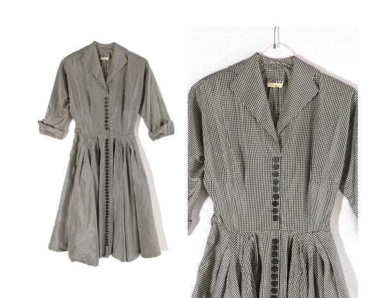 1940s-50s Women White and Black Plaid Dress with Pleated Bottom by Charella California