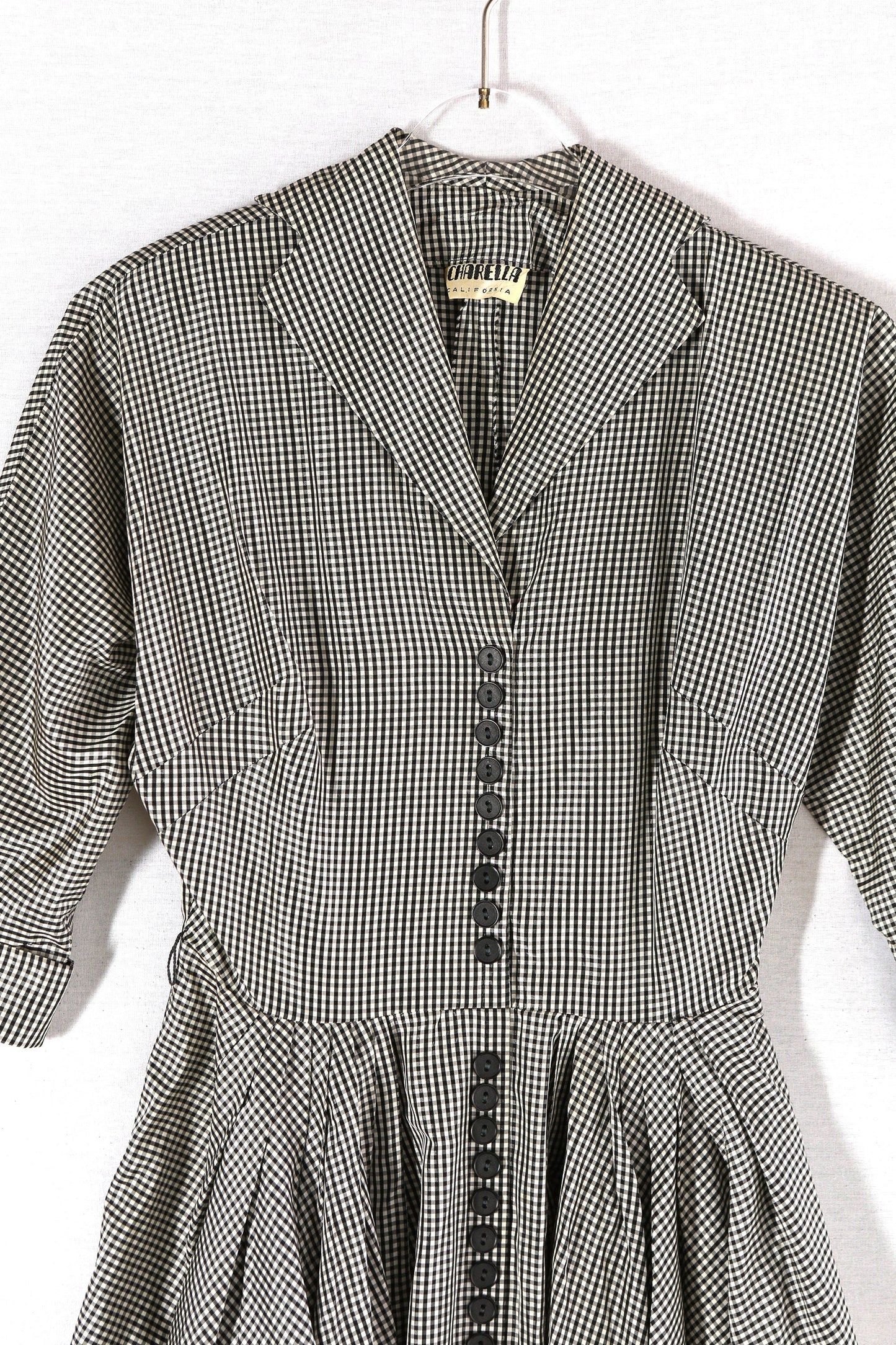 1940s-50s Women White and Black Plaid Dress with Pleated Bottom by Charella California