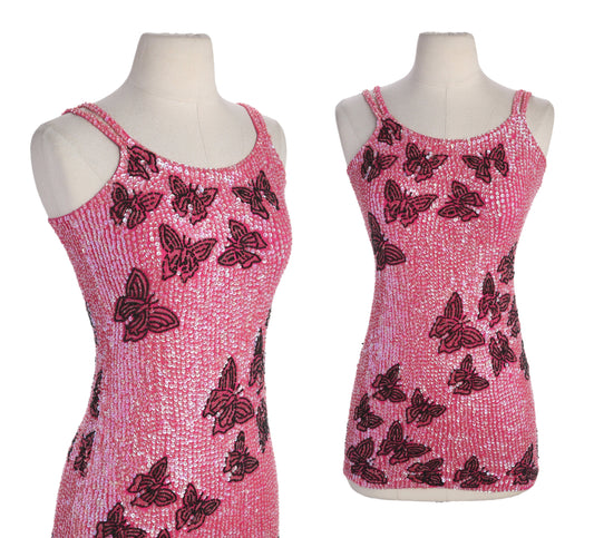 Women Pink Sequin Dress with Butterfly Designs by Little Attitudes - Estimated Era 1980's - 1990's