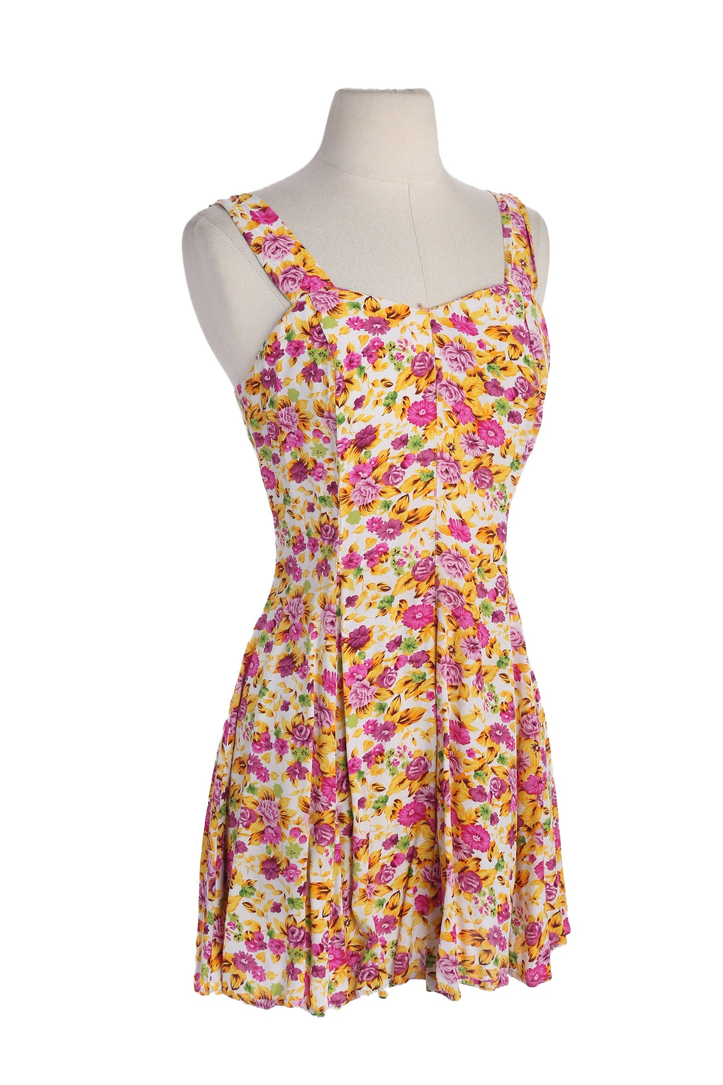 90s Women White Floral Print Sleeveless Summer Dress