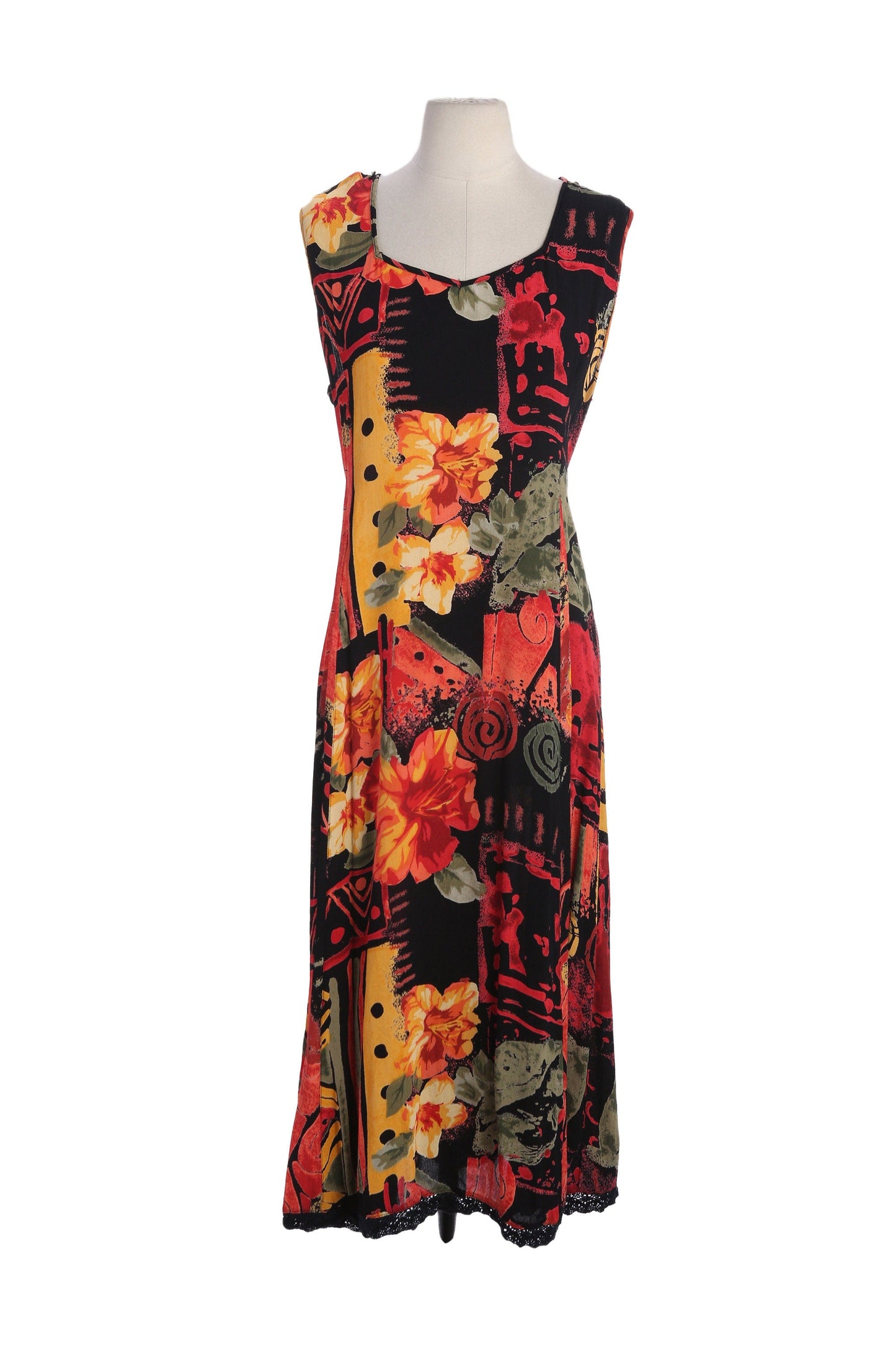 90s Women Red Floral Print Long Black Summer Dress by Lola P. - Made in India