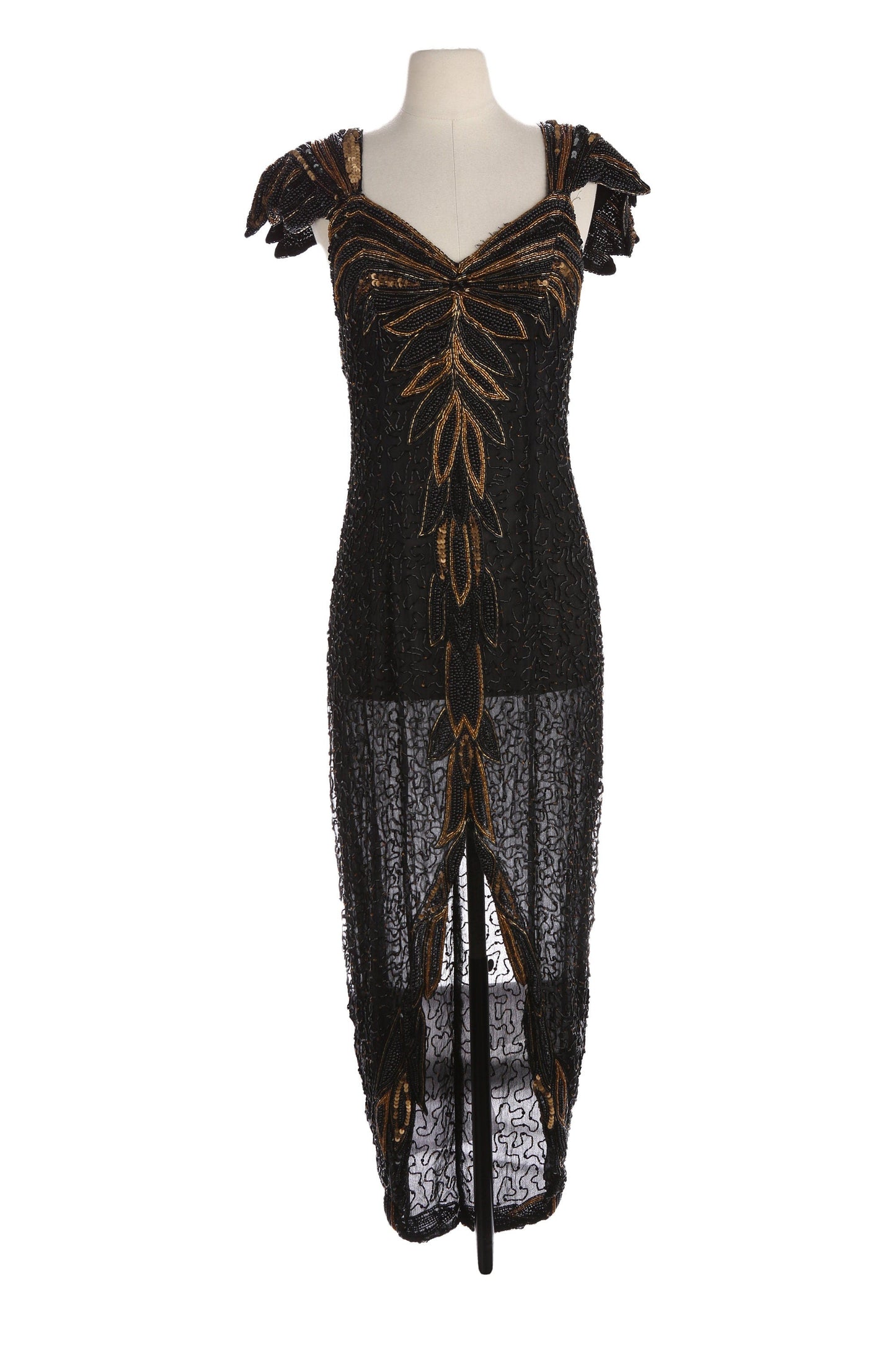 Vintage Sequin Dress with Black and Gold Beads / Estimated Era 80s - 90s