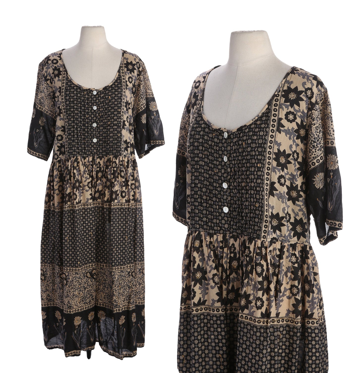 90s Women Black Floral Print Mumu Short Sleeve Dress by La Cera - Made in India