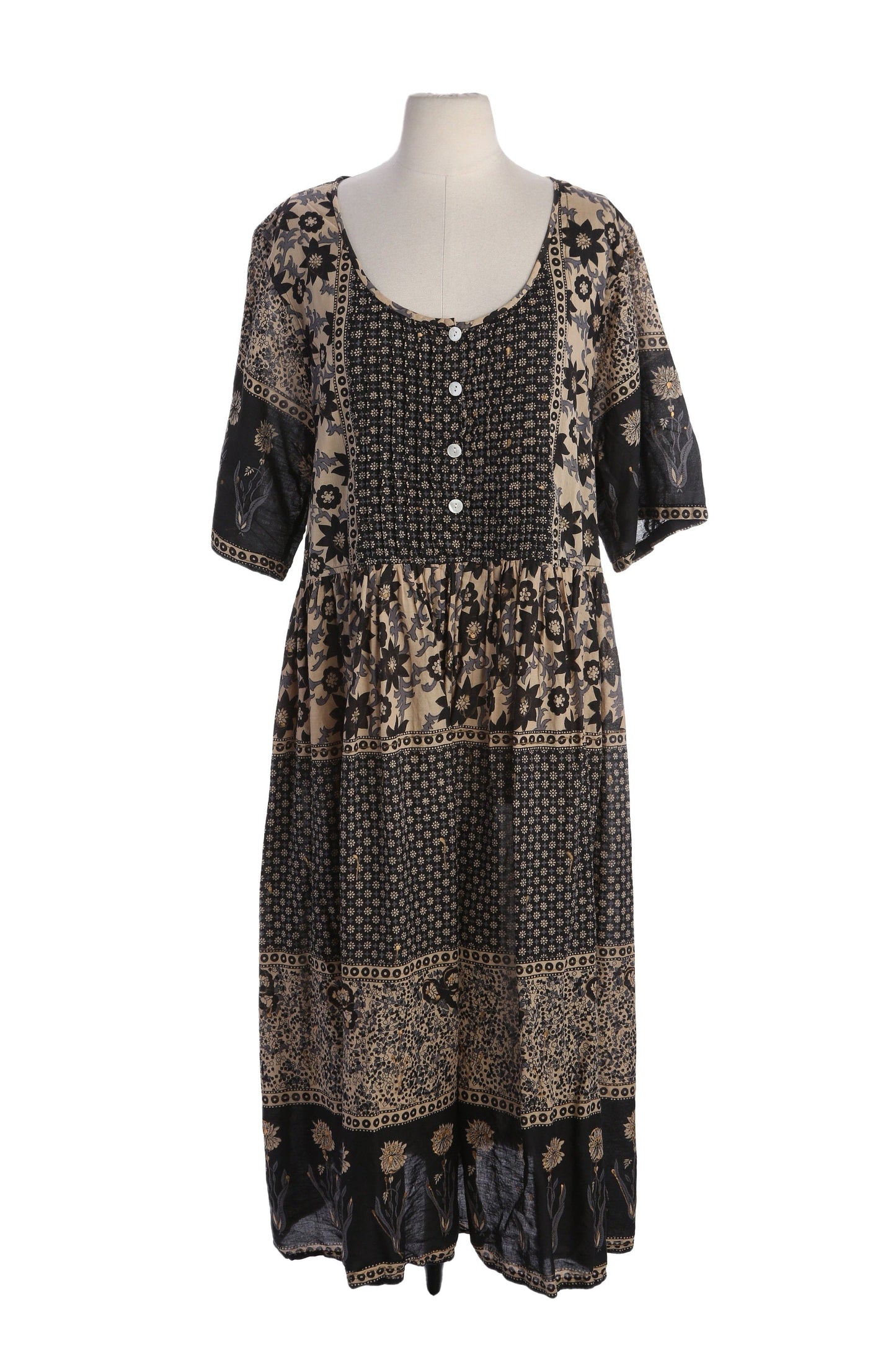 90s Women Black Floral Print Mumu Short Sleeve Dress by La Cera - Made in India