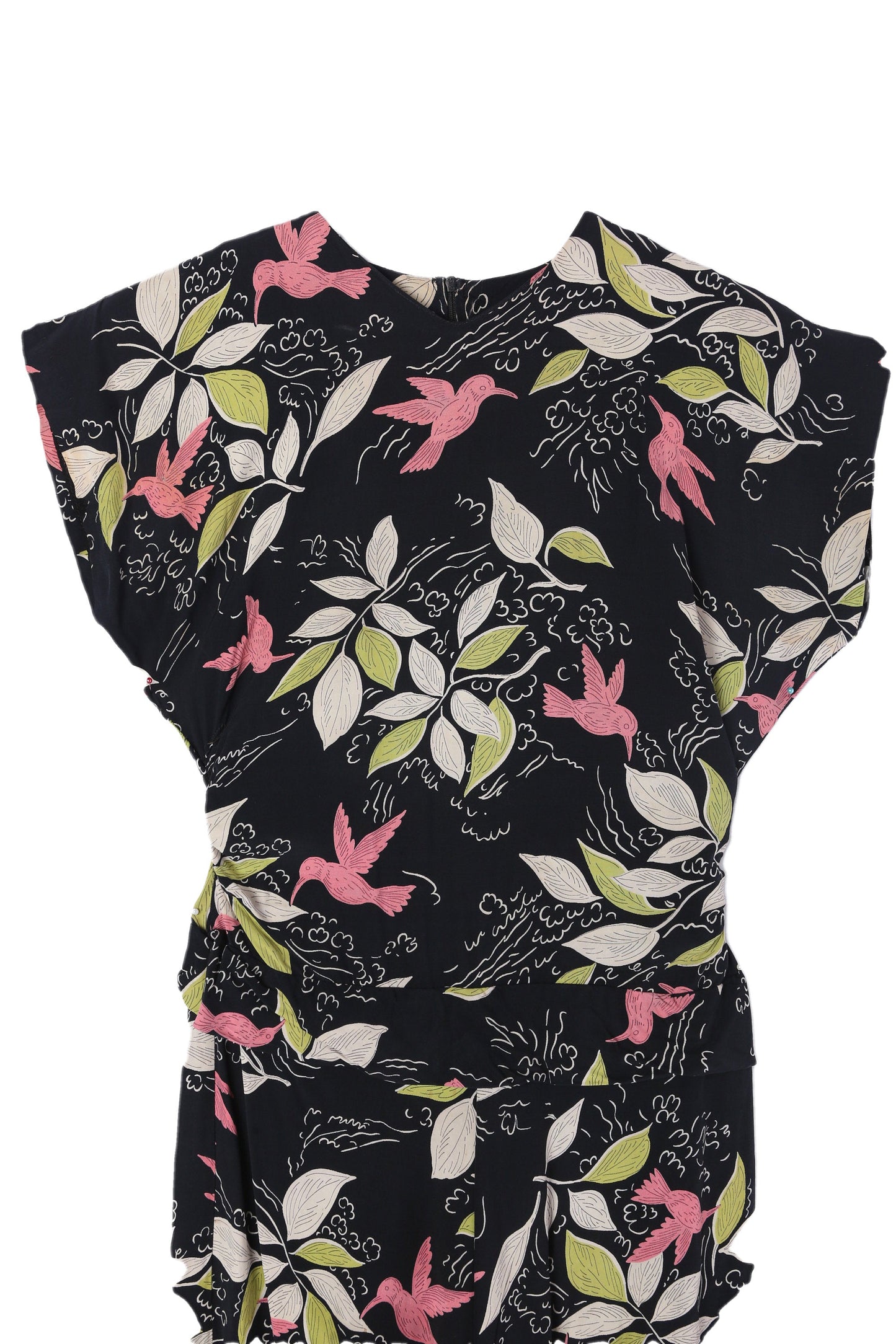 90s Women Bird and Plants Print Black Casual Dress - 1940s Style and Design