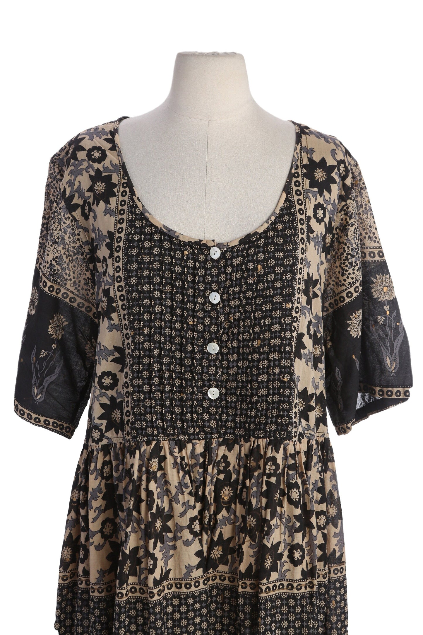 90s Women Black Floral Print Mumu Short Sleeve Dress by La Cera - Made in India
