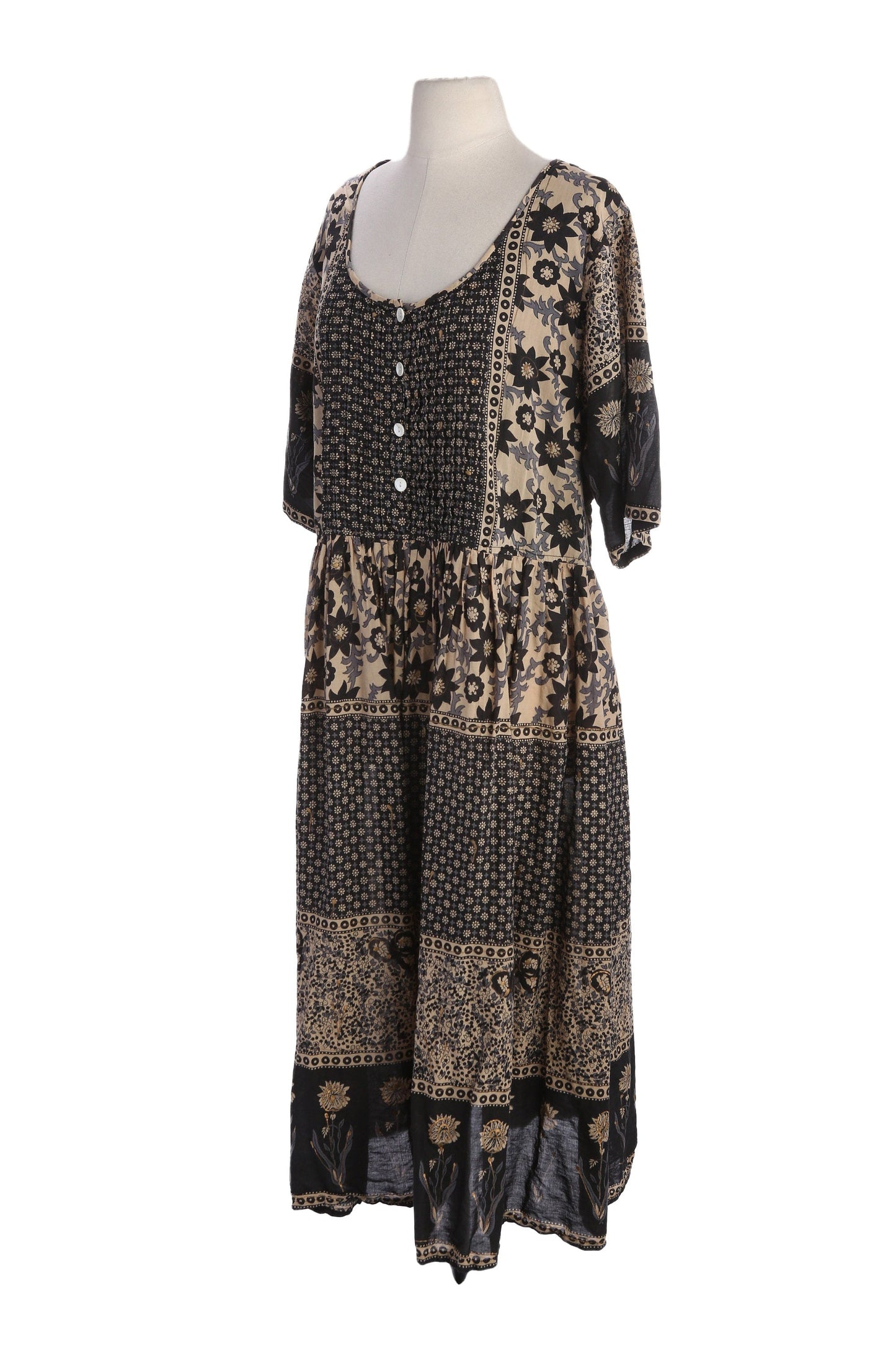 90s Women Black Floral Print Mumu Short Sleeve Dress by La Cera - Made in India