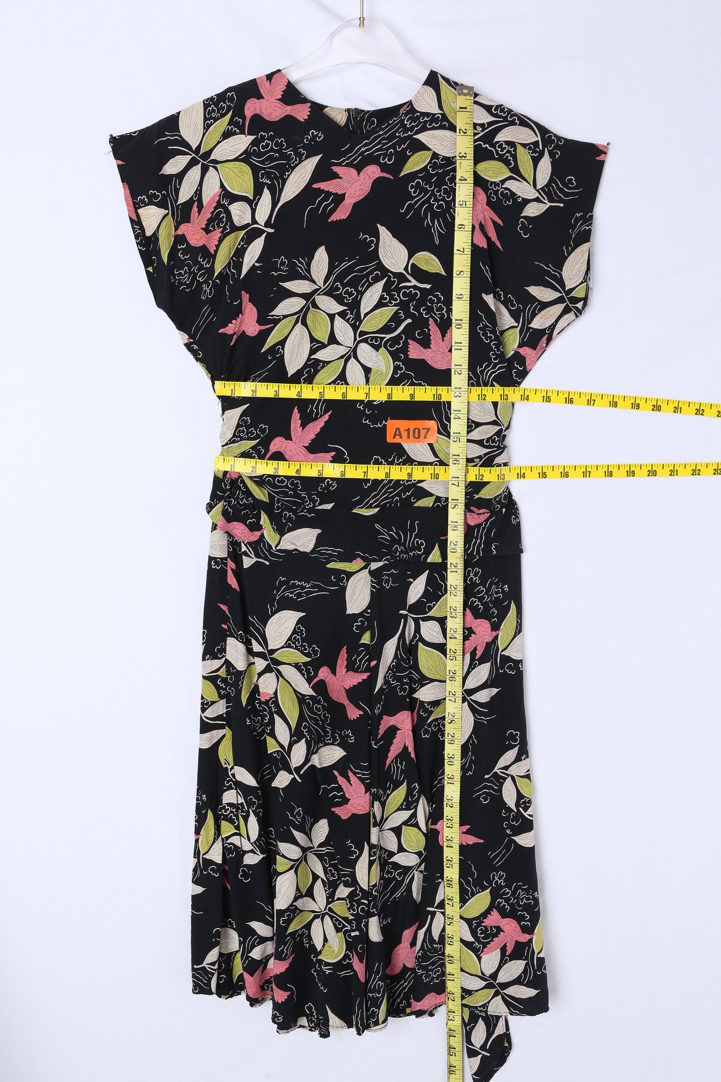 90s Women Bird and Plants Print Black Casual Dress - 1940s Style and Design