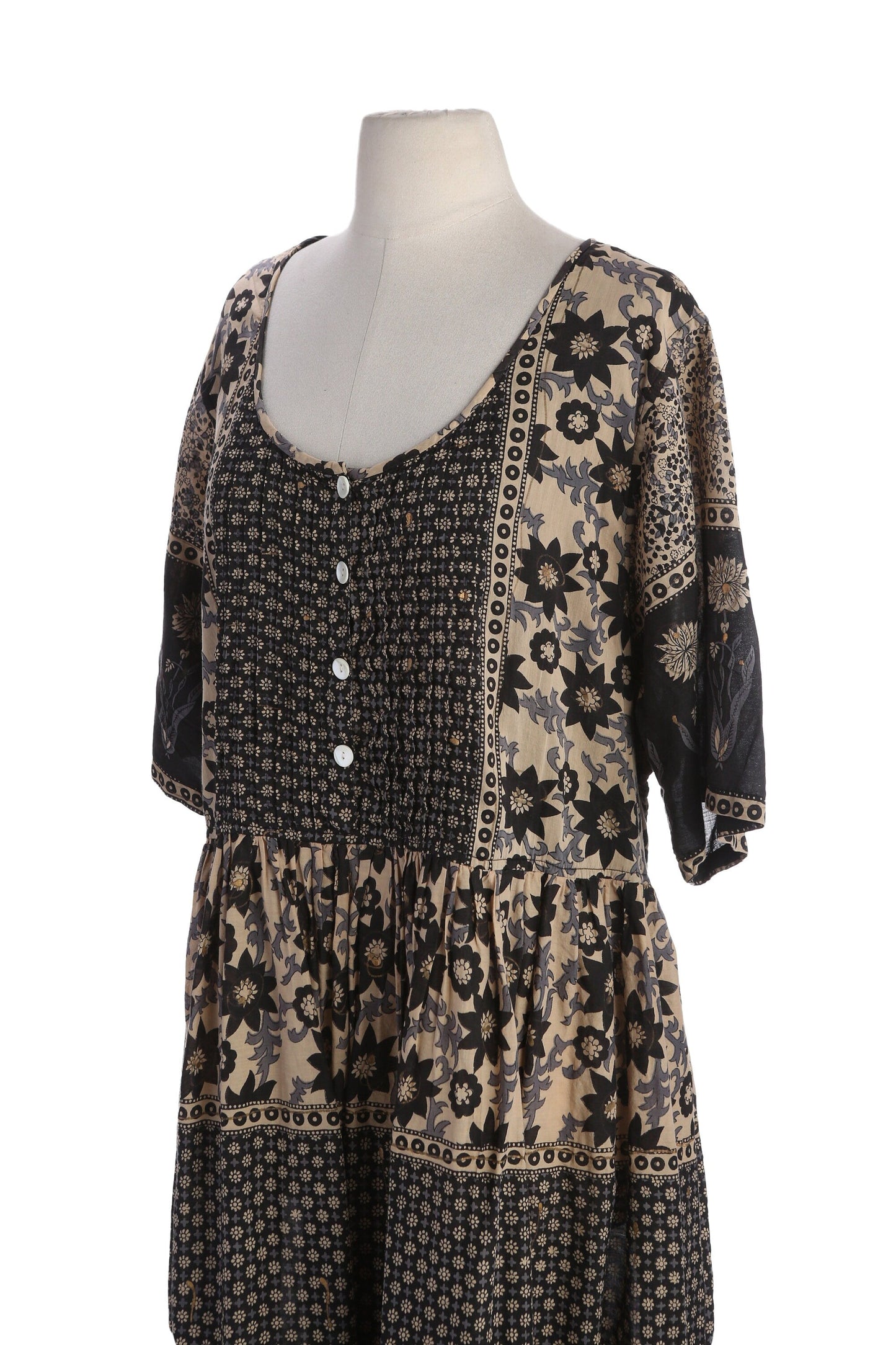 90s Women Black Floral Print Mumu Short Sleeve Dress by La Cera - Made in India