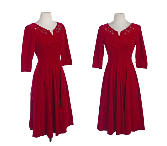 1940's Red Evening Dress with Embroidered Bead Details