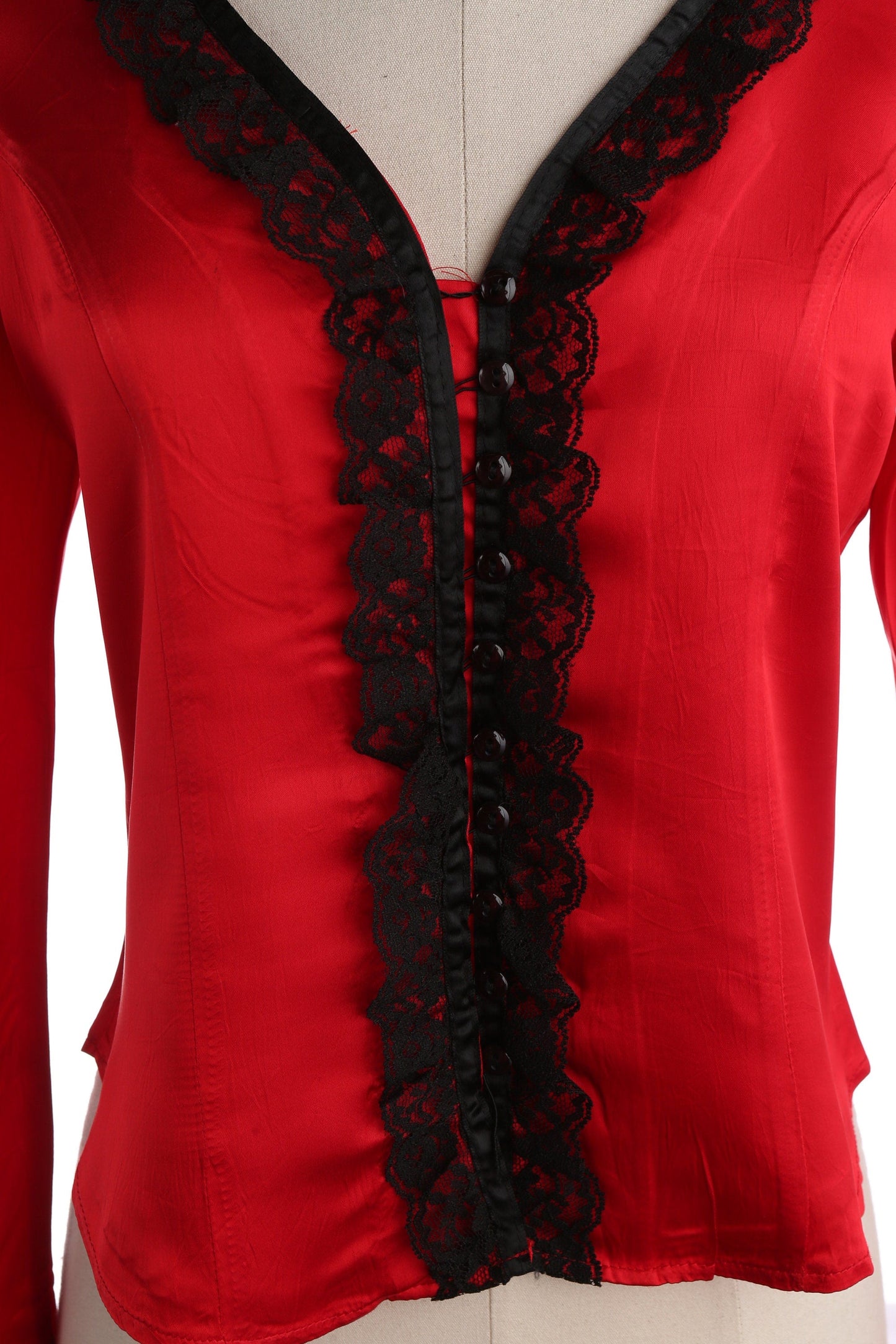 90s Women Red Poly Ruffled Chest Seam Blouse by Marylin Lenox from Circle T