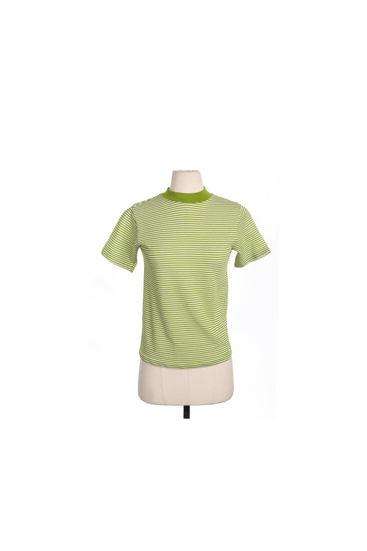Men 60's Green Striped Polyester Short Sleeve Shirt by Towncraft