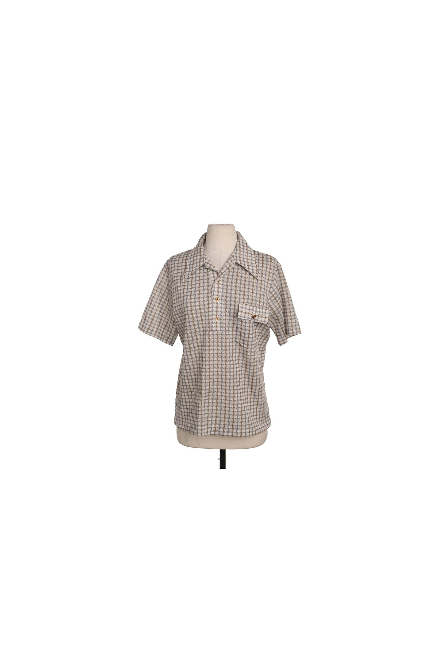 70's Men Plaid Brown Poly Shirt