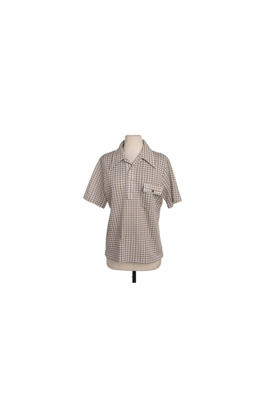 70's Men Plaid Brown Poly Shirt
