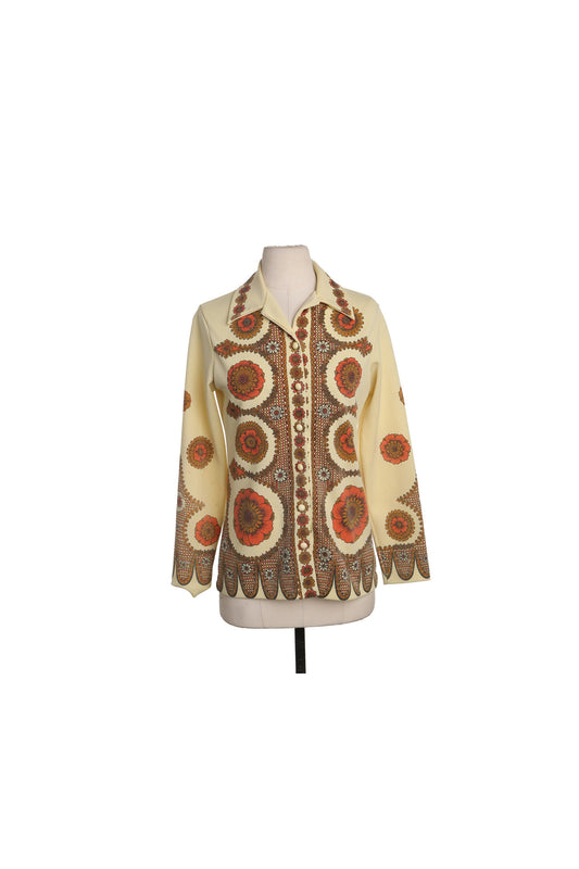 70's Yellow Poly Top - Floral Print - Butterfly Neck