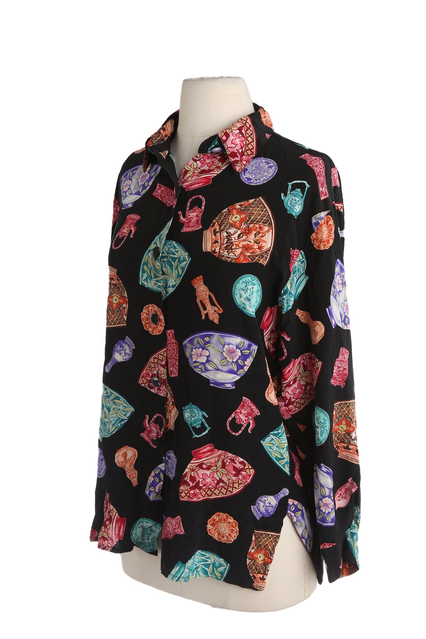 Vintage Women Black Silk Blouse with Pottery Print