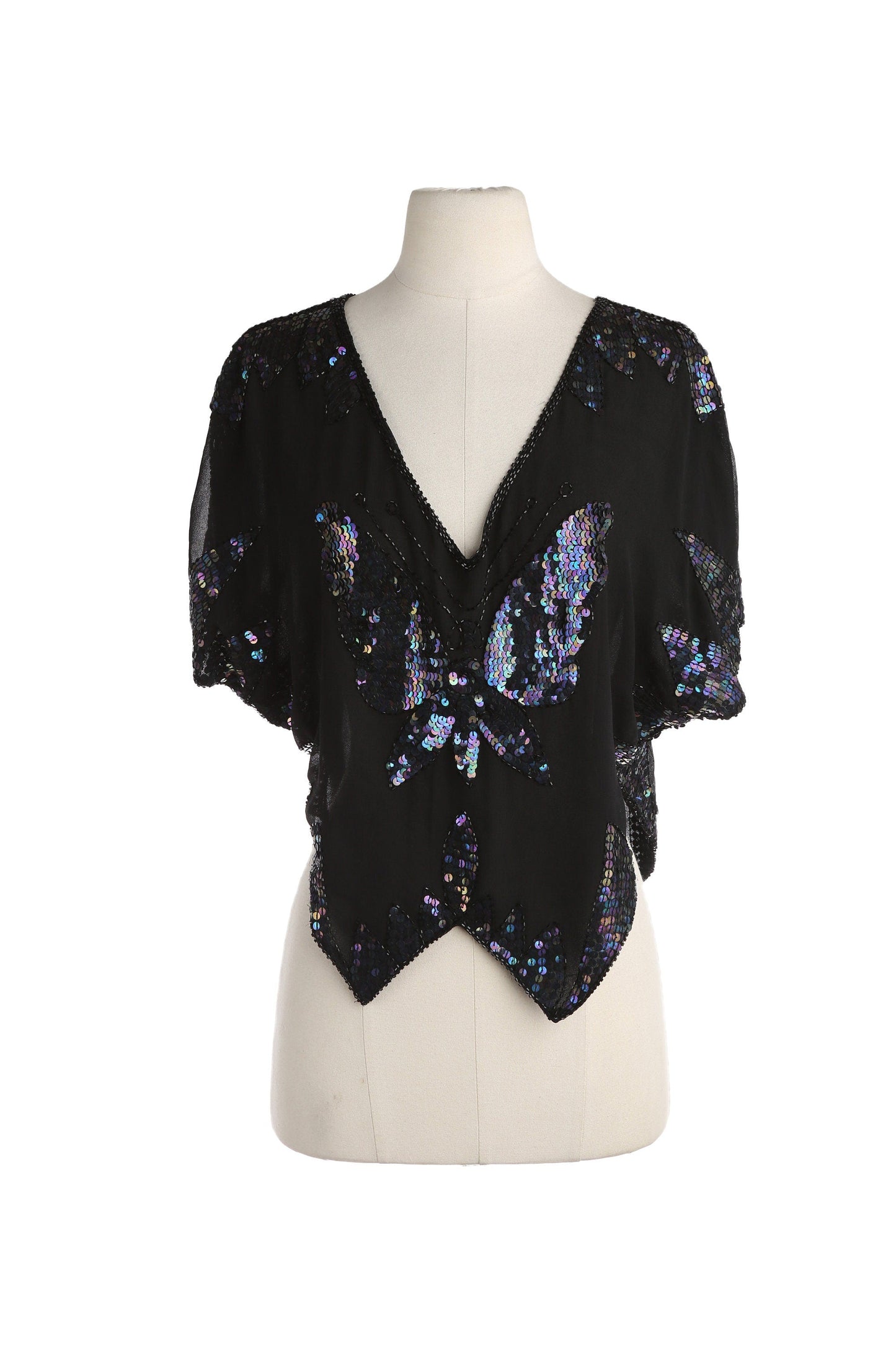 Black Sequin Top with Butterfly Pattern / Disco / 1980s - 1990s