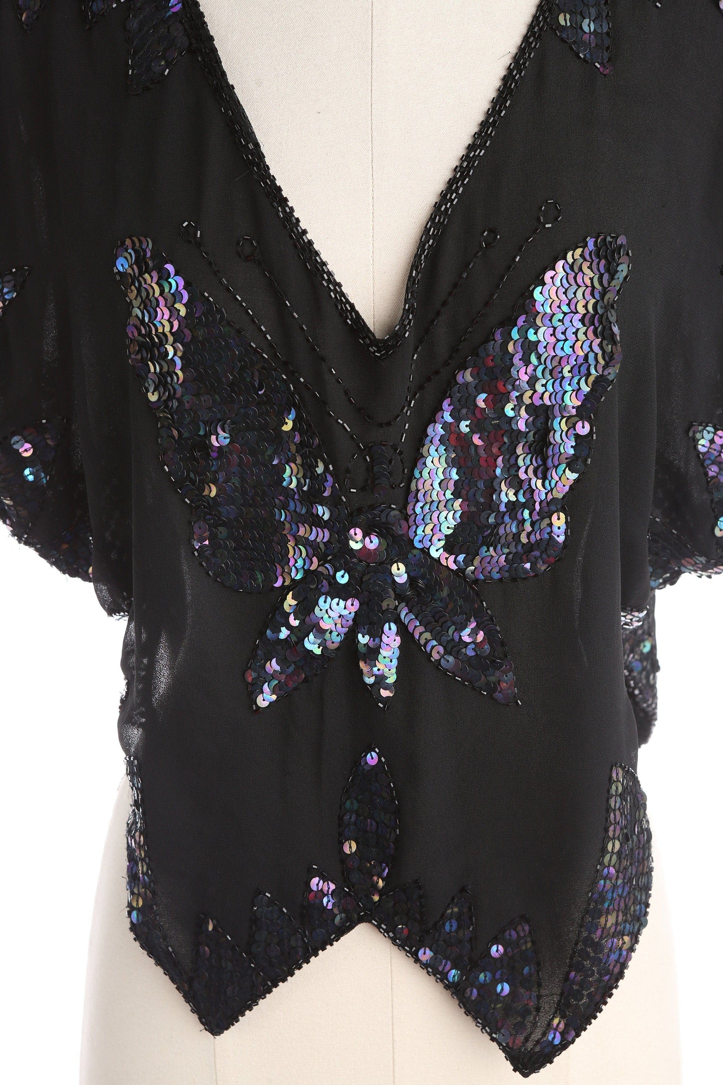 Black Sequin Top with Butterfly Pattern / Disco / 1980s - 1990s