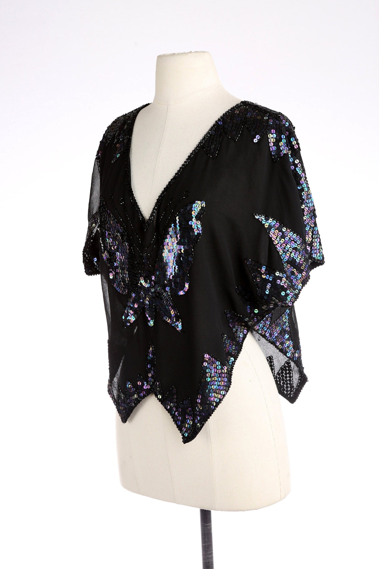 Black Sequin Top with Butterfly Pattern / Disco / 1980s - 1990s