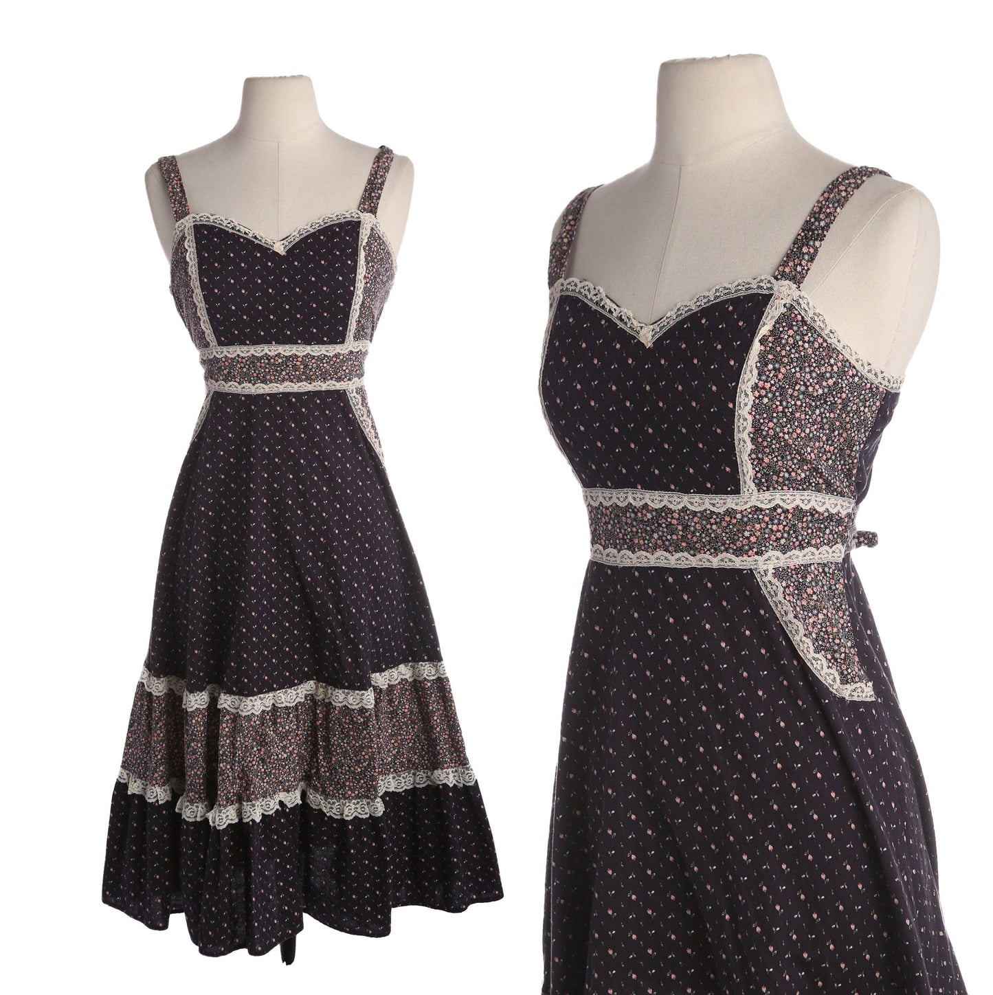 Vintage Black Floral Print Prairie Sleeveless Summer Dress - Estimated Era 1970's - 1980's