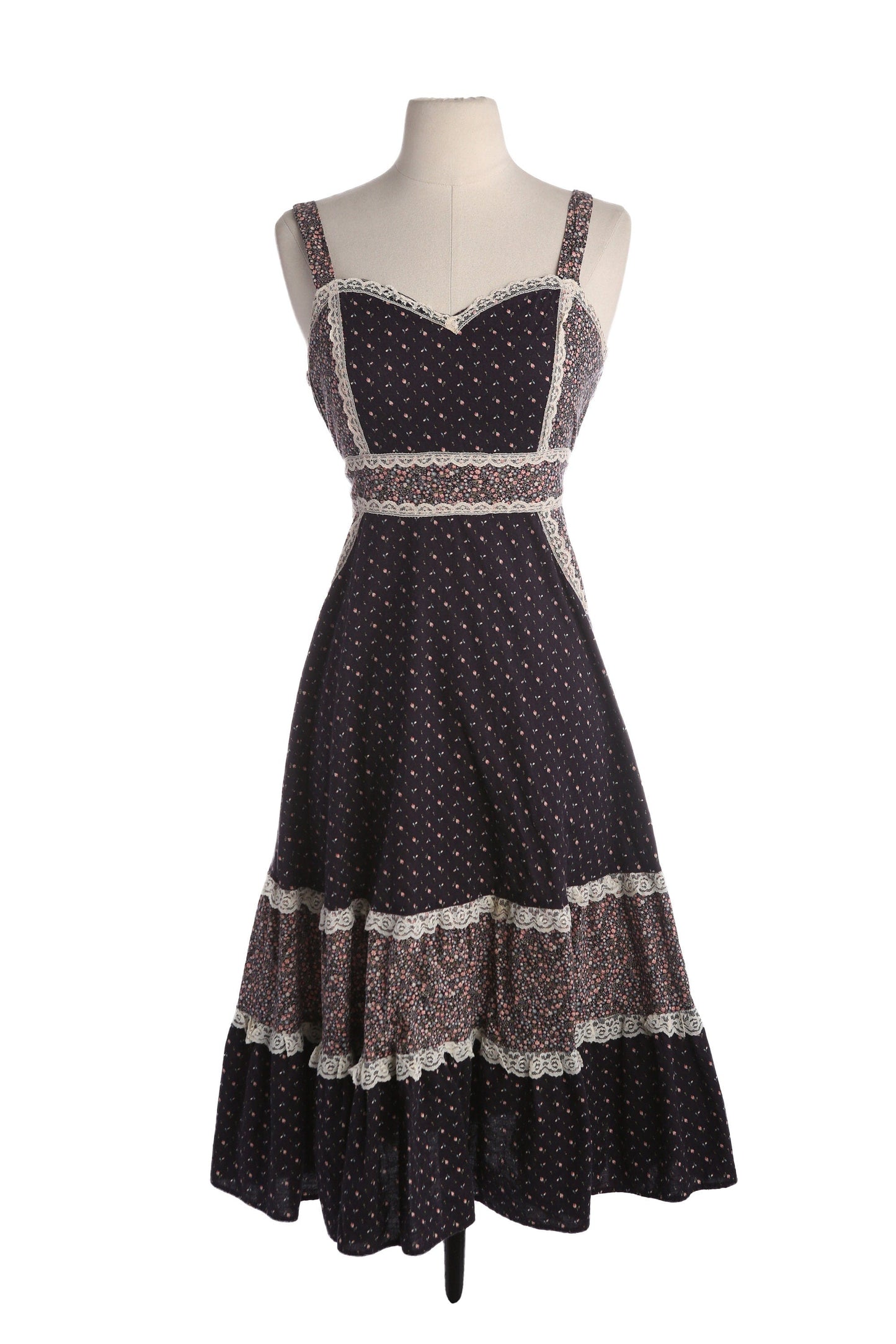 Vintage Black Floral Print Prairie Sleeveless Summer Dress - Estimated Era 1970's - 1980's