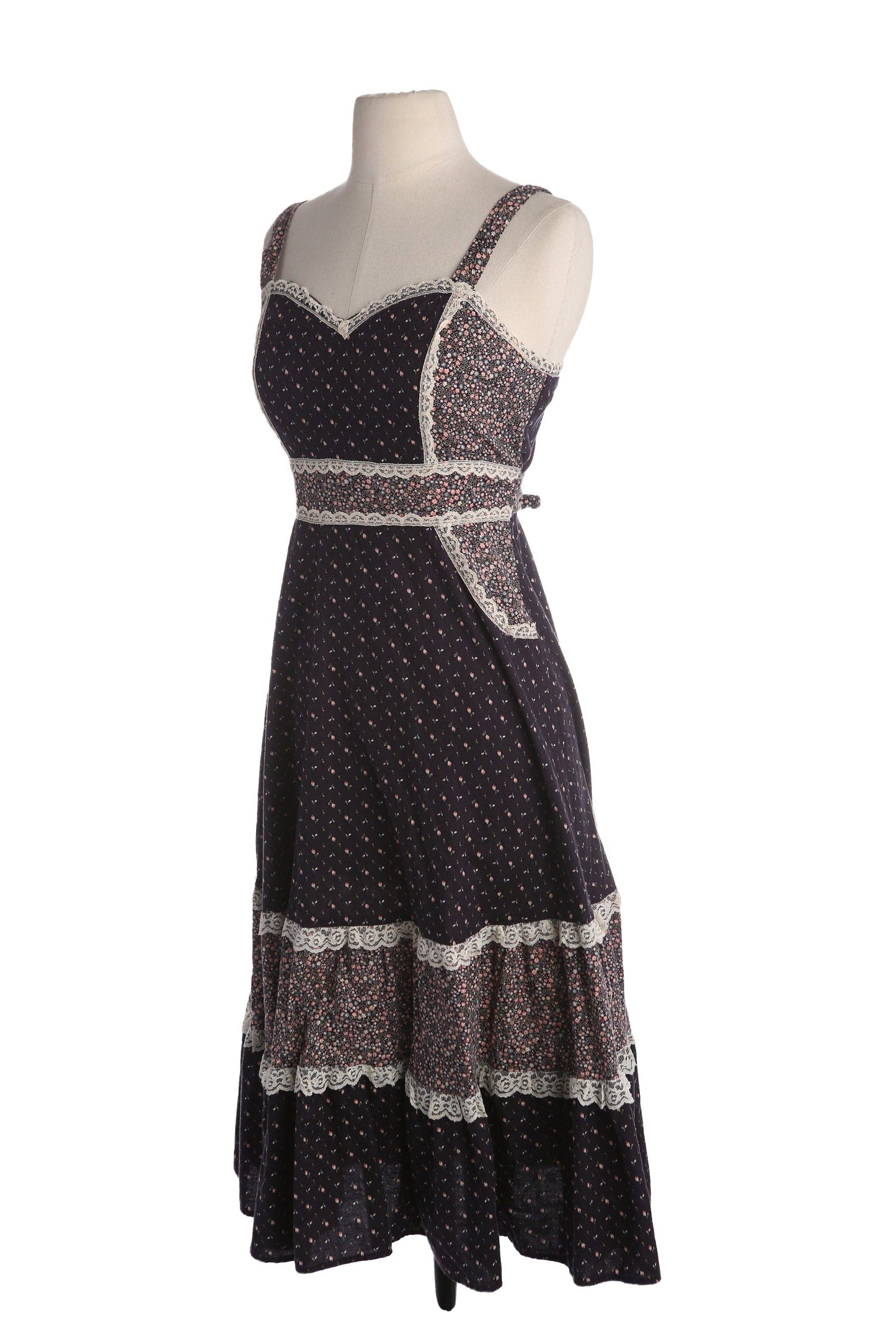 Vintage Black Floral Print Prairie Sleeveless Summer Dress - Estimated Era 1970's - 1980's