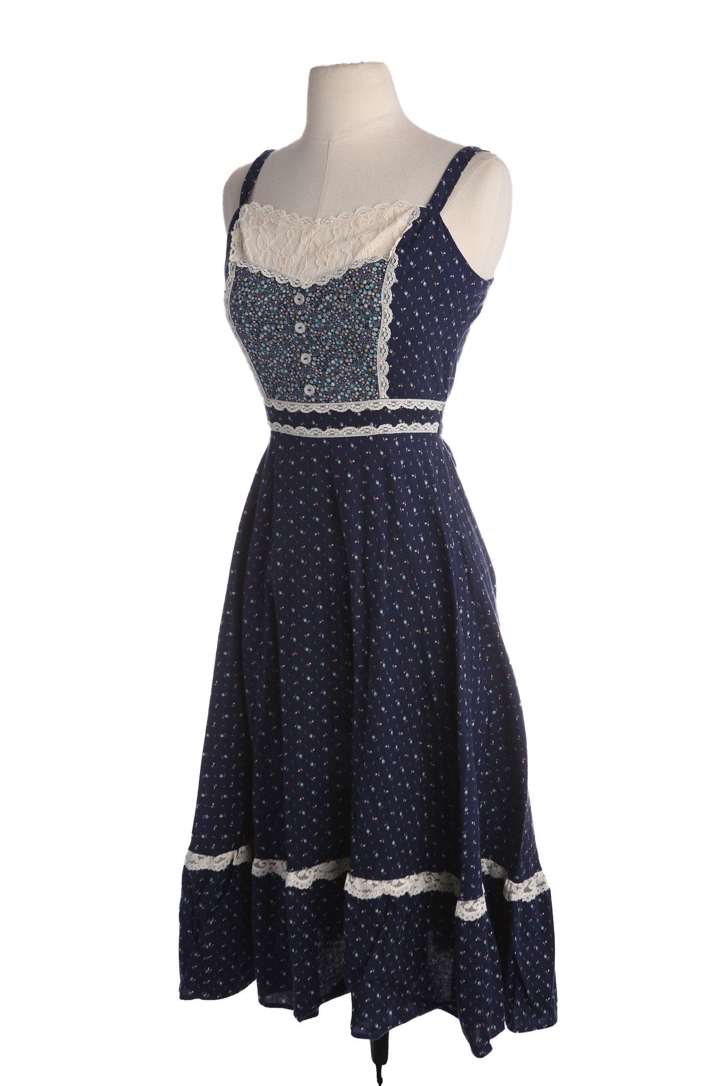 Vintage Blue Floral Print Cotton Prairie Dress - Estimated Era 1970's - 1980's