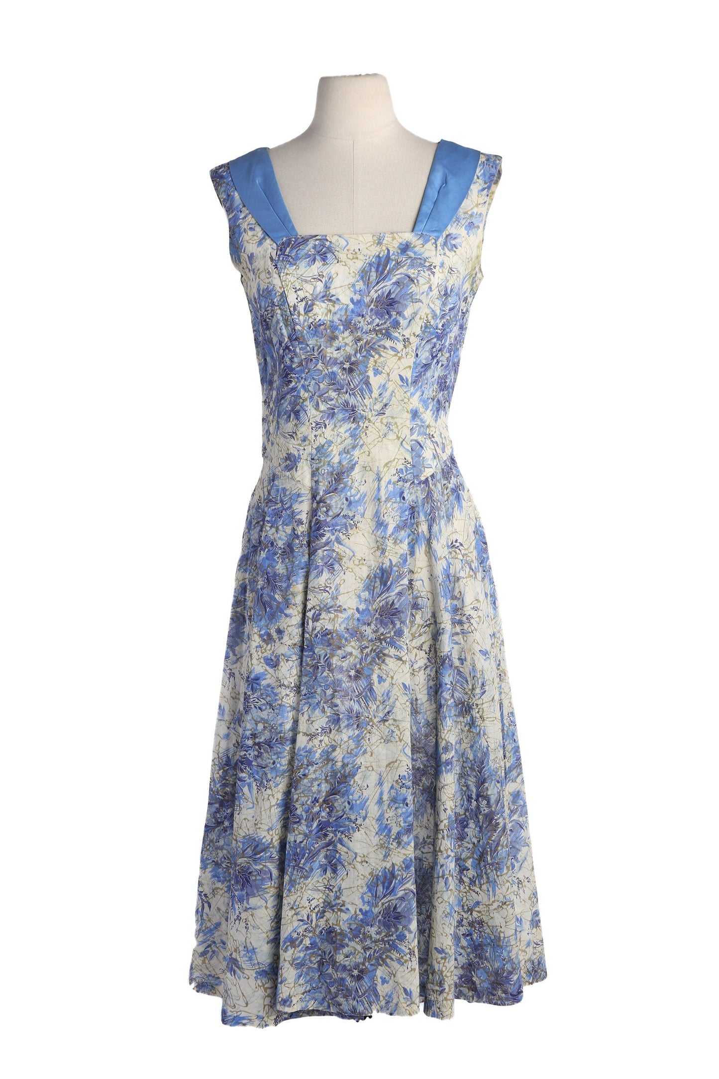 50s Women Floral Print Blue Summer Dress