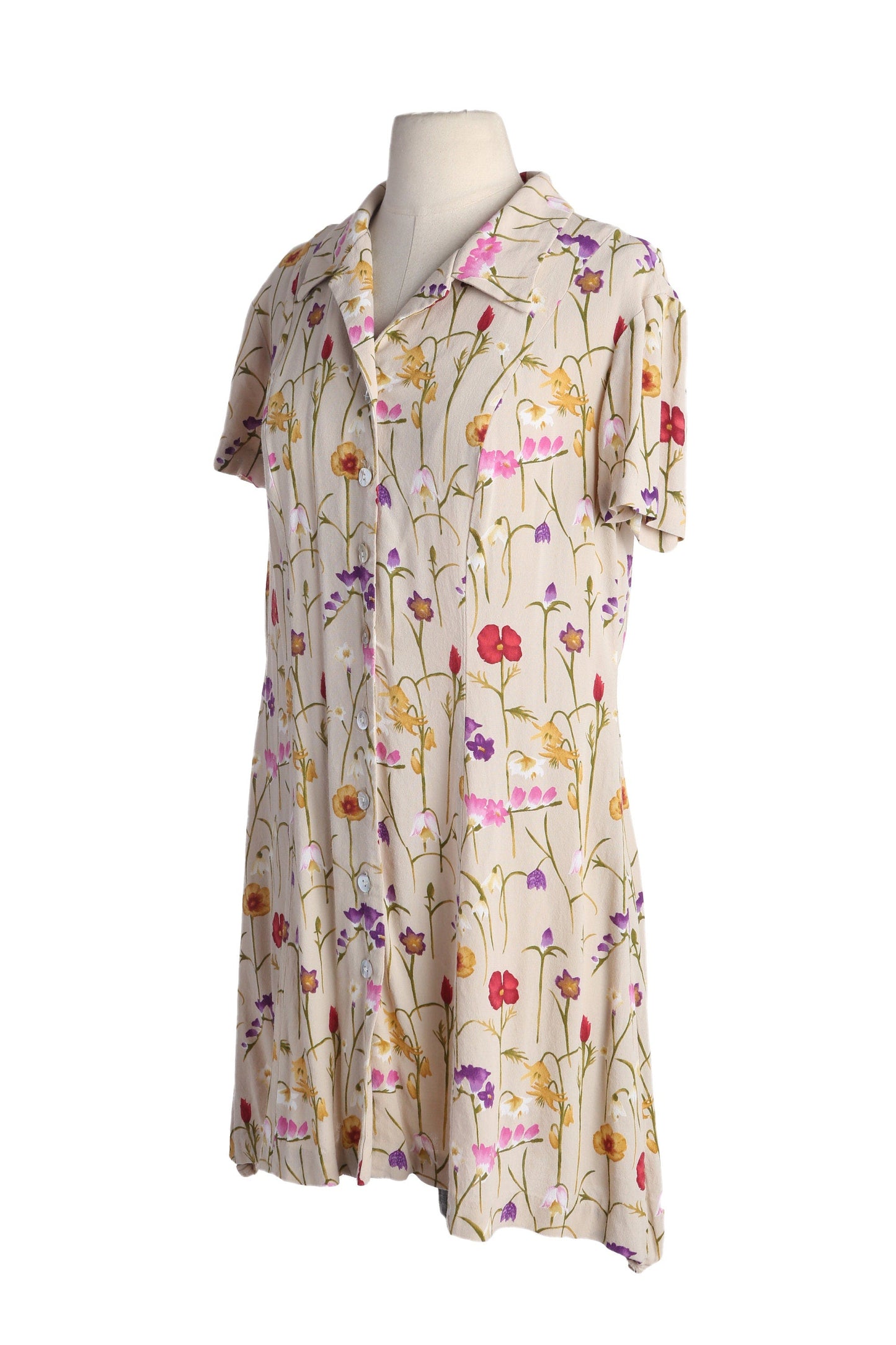 90s Women Beige Floral Print Summer Dress - Made in USA -