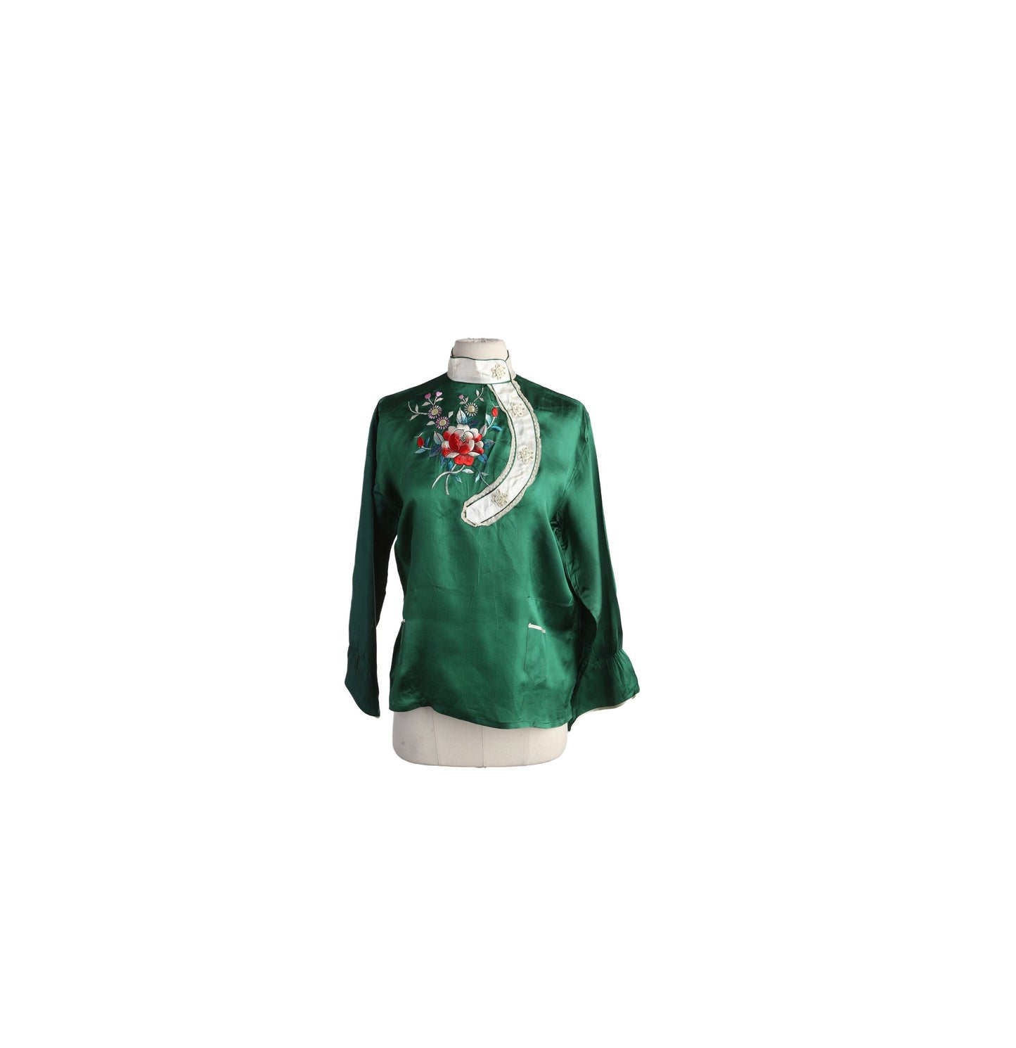 Vintage Women's Green Satin Cheongsam Blouse with Flower embroidered Design - Estimated Era 1960's - 1970's