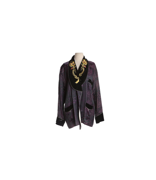 Vintage Men's Night Robe with Purple Brocade Pattern - Estimated Era 1950's - 1960's