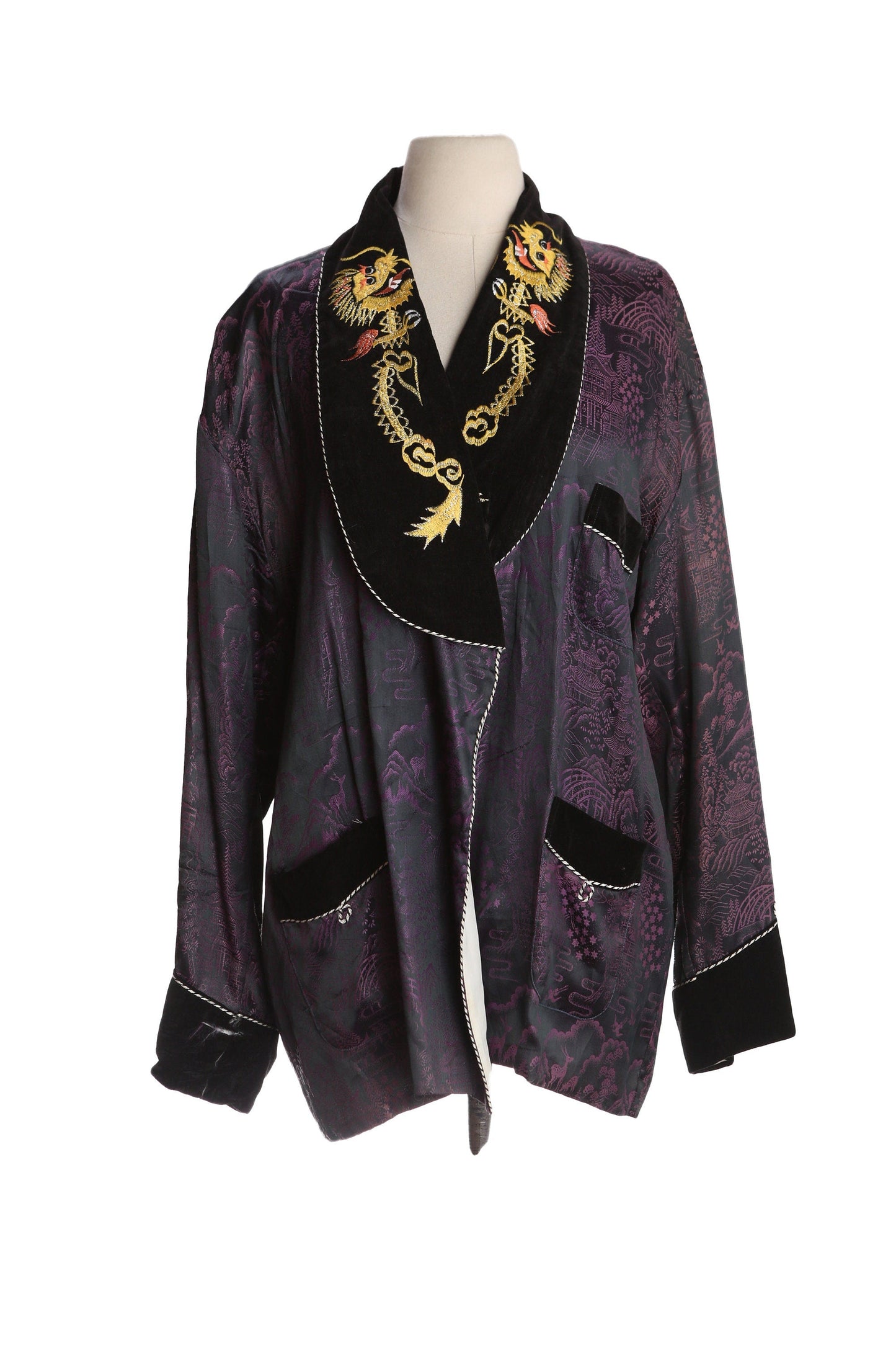 Vintage Men's Night Robe with Purple Brocade Pattern - Estimated Era 1950's - 1960's
