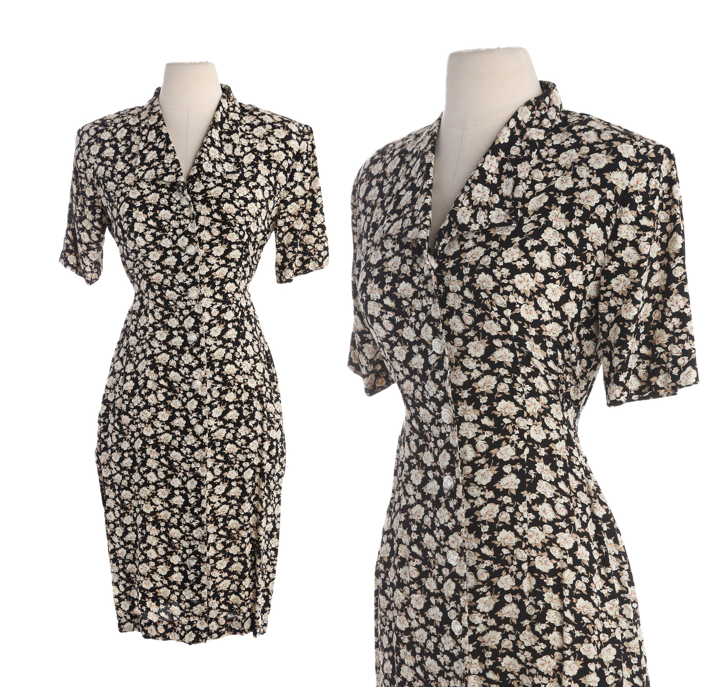 90s Floral Print Black Casual Dress